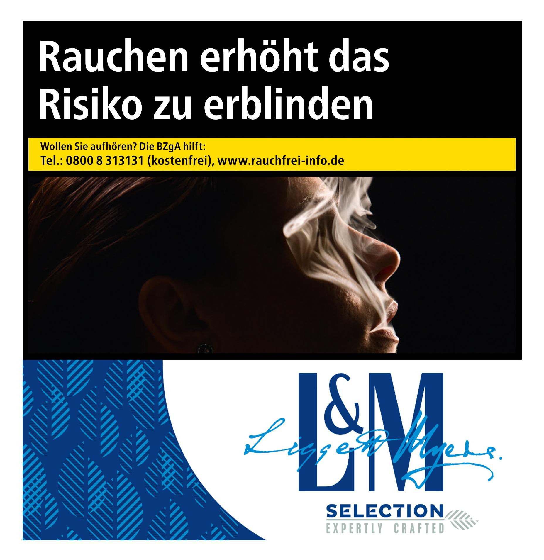L&M Selection Blue Zigaretten in der 60-Stück-Packung mit den gesetzlich vorgeschriebenen Warnhinweisen und Informationen zur Raucherentwöhnung.