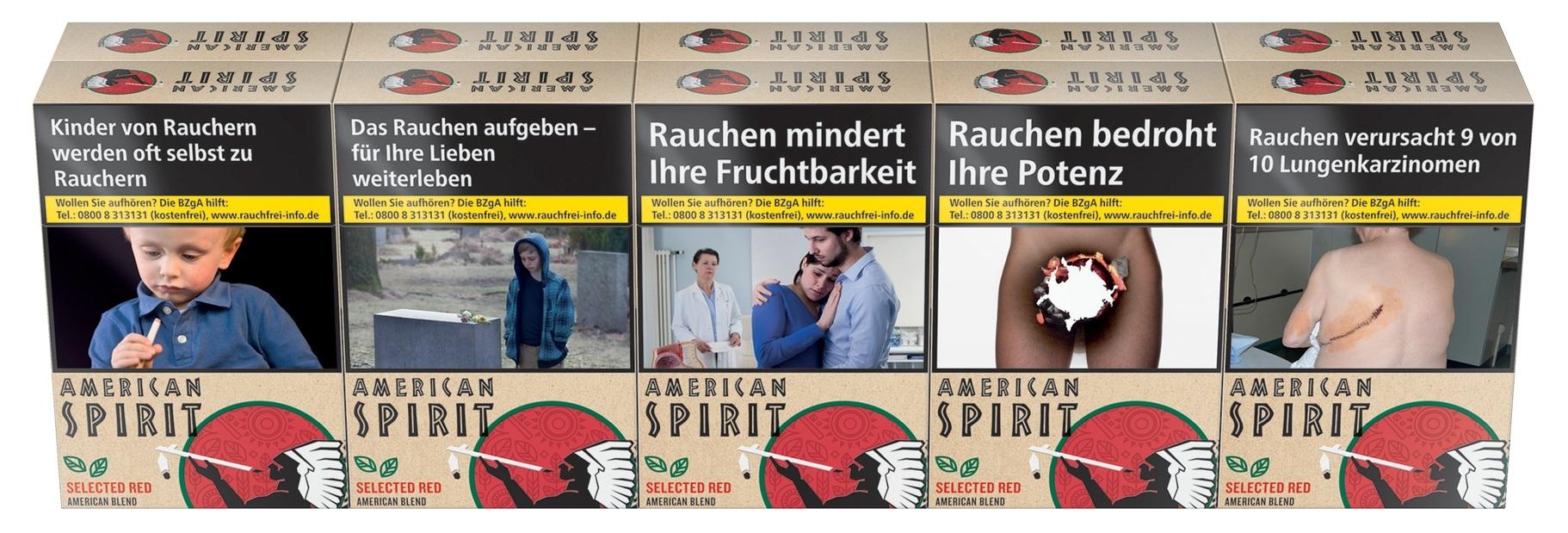 Stange American Spirit American Blend Red L Zigaretten mit 10 Packungen, die das typische beige-rote Design und American Spirit Logo zeigen.