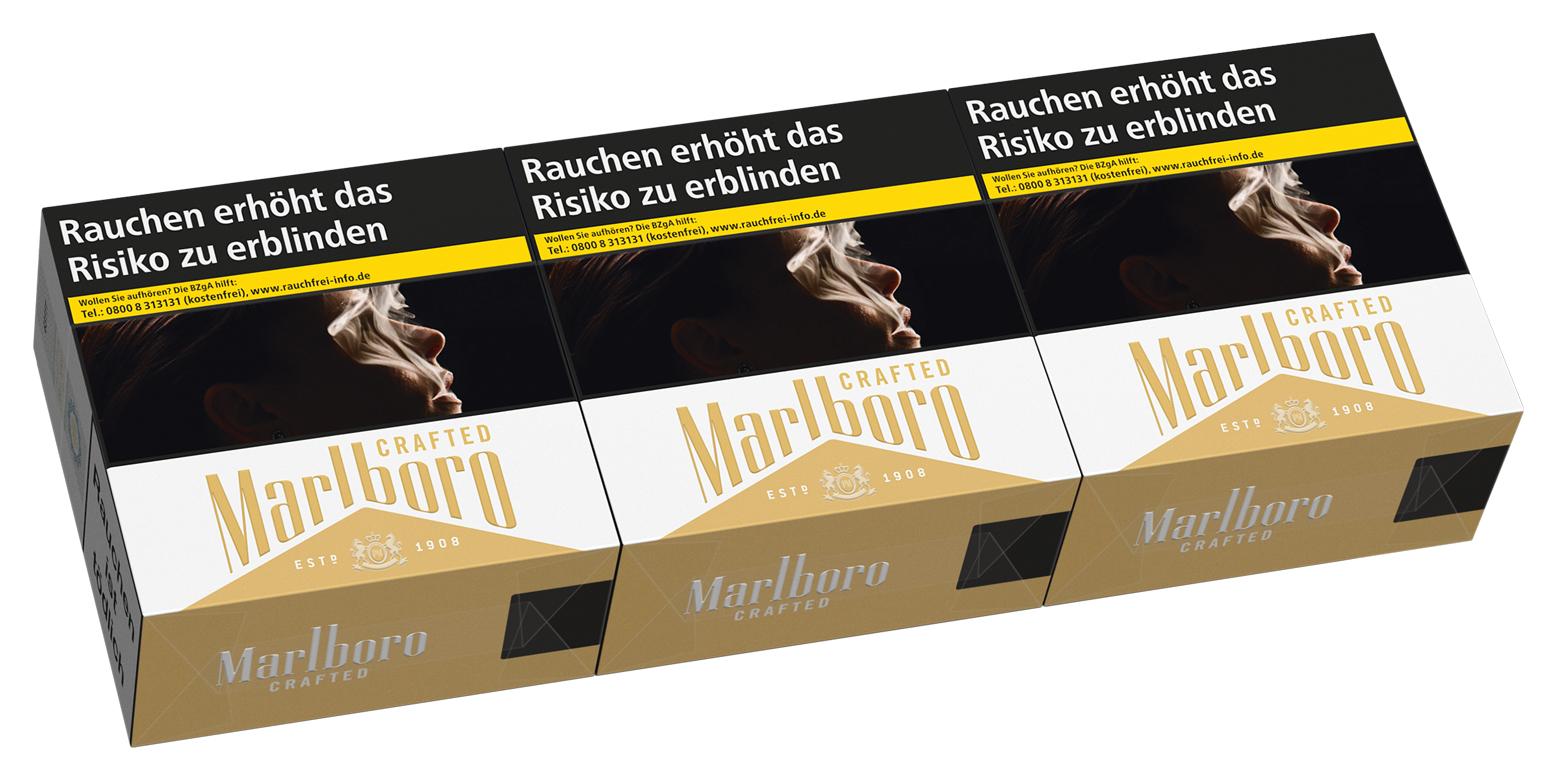 Drei Packungen Marlboro Crafted Gold Zigaretten mit schwarzem und gelbem Design, Herstellerkennzeichnung und Warnhinweis, Inhalt 3 Packungen à 60 Stück.