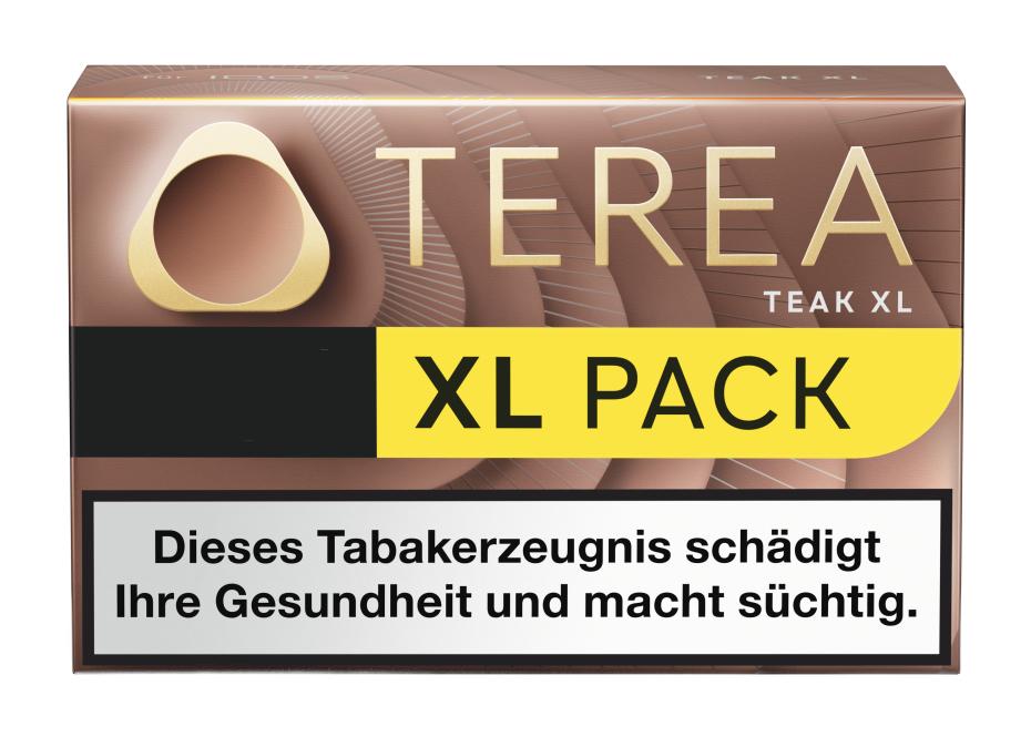 Braune TEREA Teak XL Tabak-Sticks in der Packung mit goldenem Logo und Schriftzug, 26 Stück, ausschließlich kompatibel mit IQOS ILUMA Geräten.