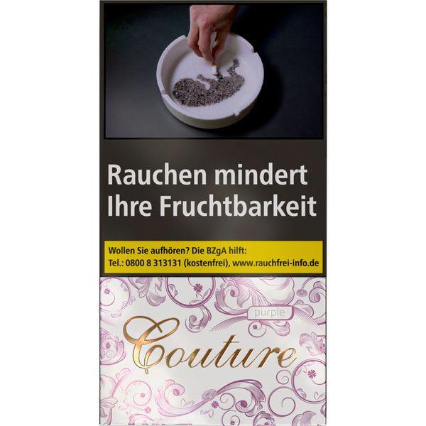 Packung Couture Slim Purple Zigaretten mit 20 Stück, schlankes Format, lila mit goldener Verzierung.