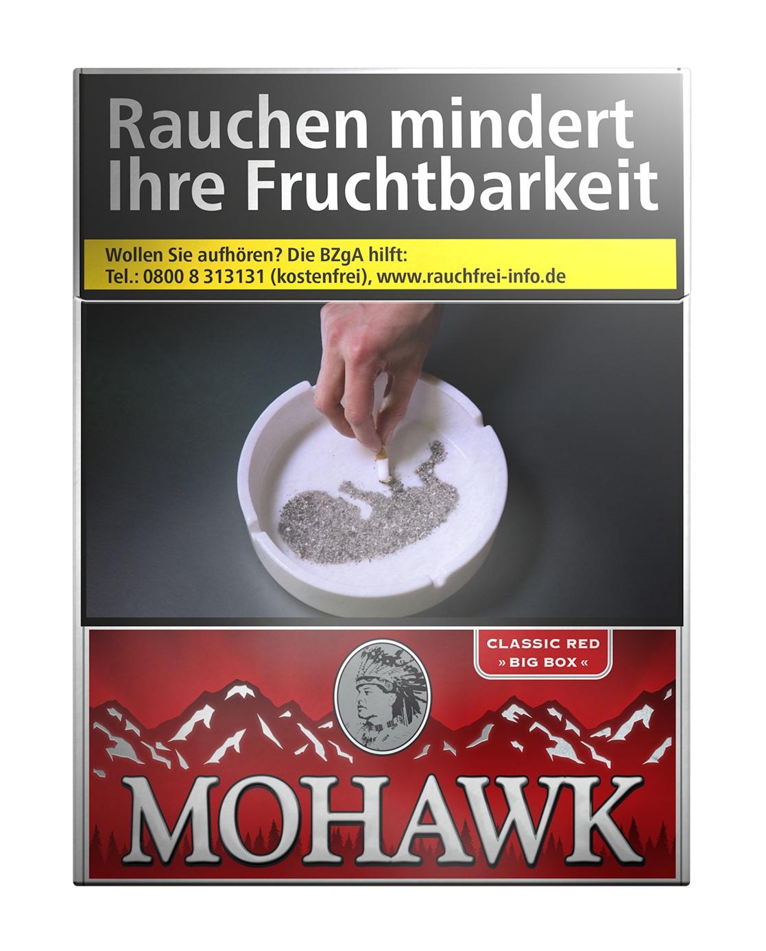 Mohawk Classic Red Zigaretten in der Big Pack Verpackung mit 25 Stück Inhalt, hergestellt aus 100 % kanadischem Tabak ohne chemische Zusätze.