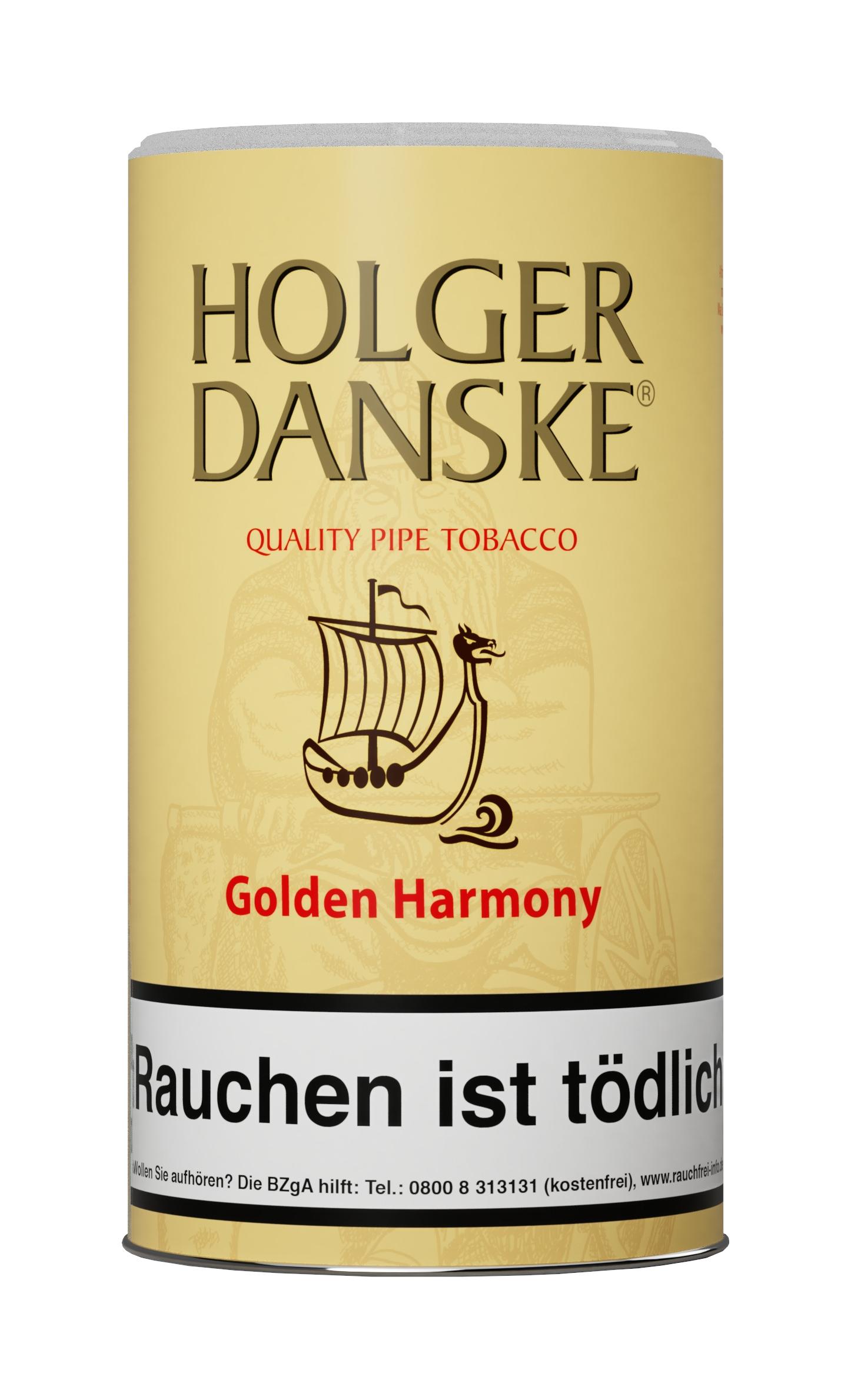 Gelbe Runddose Holger Danske Pfeifentabak Golden Harmony, 250 Gramm, mit Wikingerschiff-Illustration, Markenlogo und Warnhinweis auf der Vorderseite.