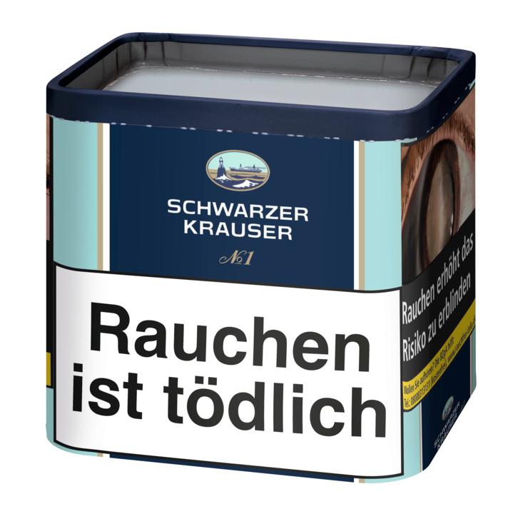 Blaue und weiße Metalldose Schwarzer Krauser N°1 Zigarettentabak, 68 Gramm, mit Markennamen, Augen-Motiv, Warnhinweis 'Rauchen ist tödlich' und Leuchtturm-Abbildung.