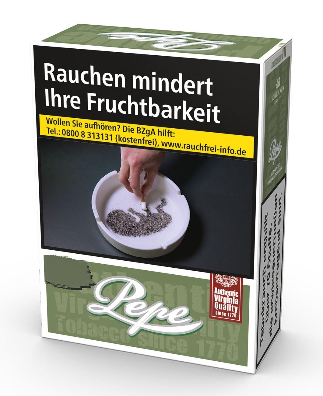 Pepe Zigaretten Rich Green Virginia Blend Packung, ohne Zusatzstoffe, 29 Stück, in weißer Schachtel mit grünem Label.