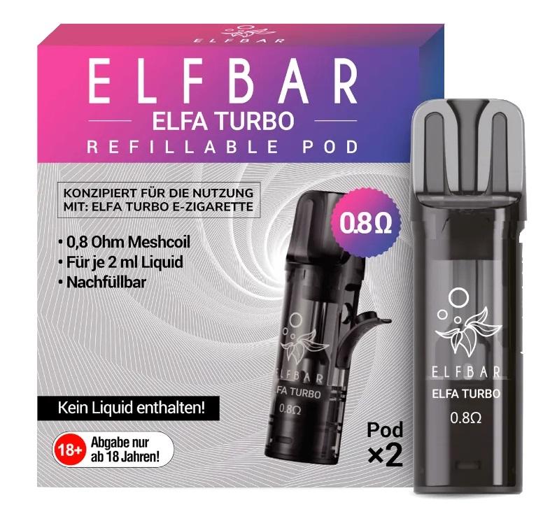 Elfbar ELFA TURBO Refillable Pods im 2er-Pack mit schwarzem Pod und pink-lila Verpackung inklusive 0,8 Ohm Mesh-Coil und 2 ml Füllvolumen.