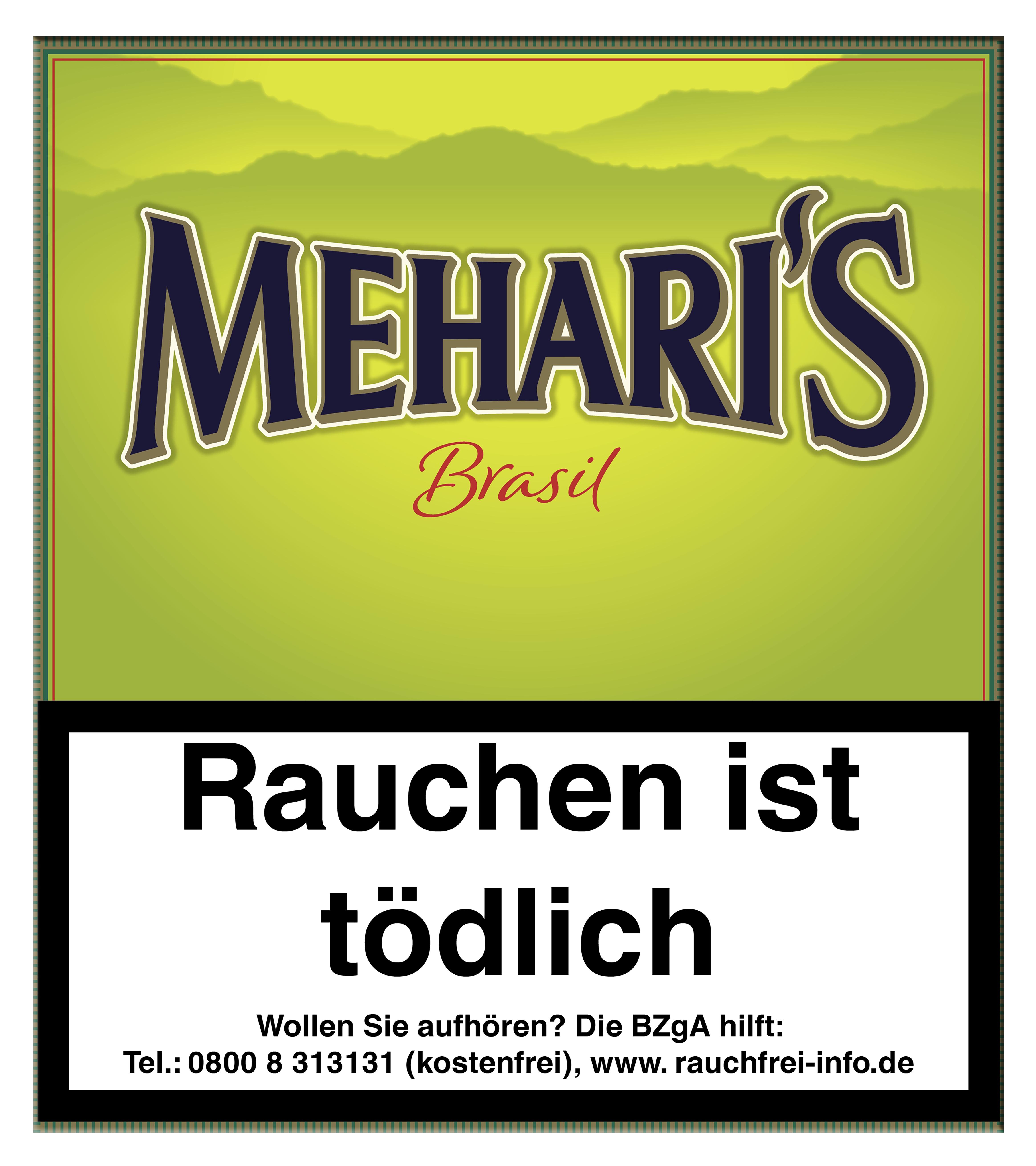 Meharis Zigarillos Brasil, verpackt als Stange mit 5 Packungen zu je 20 Stück, mit dem markanten blauen Logo vor grünem Hintergrund.