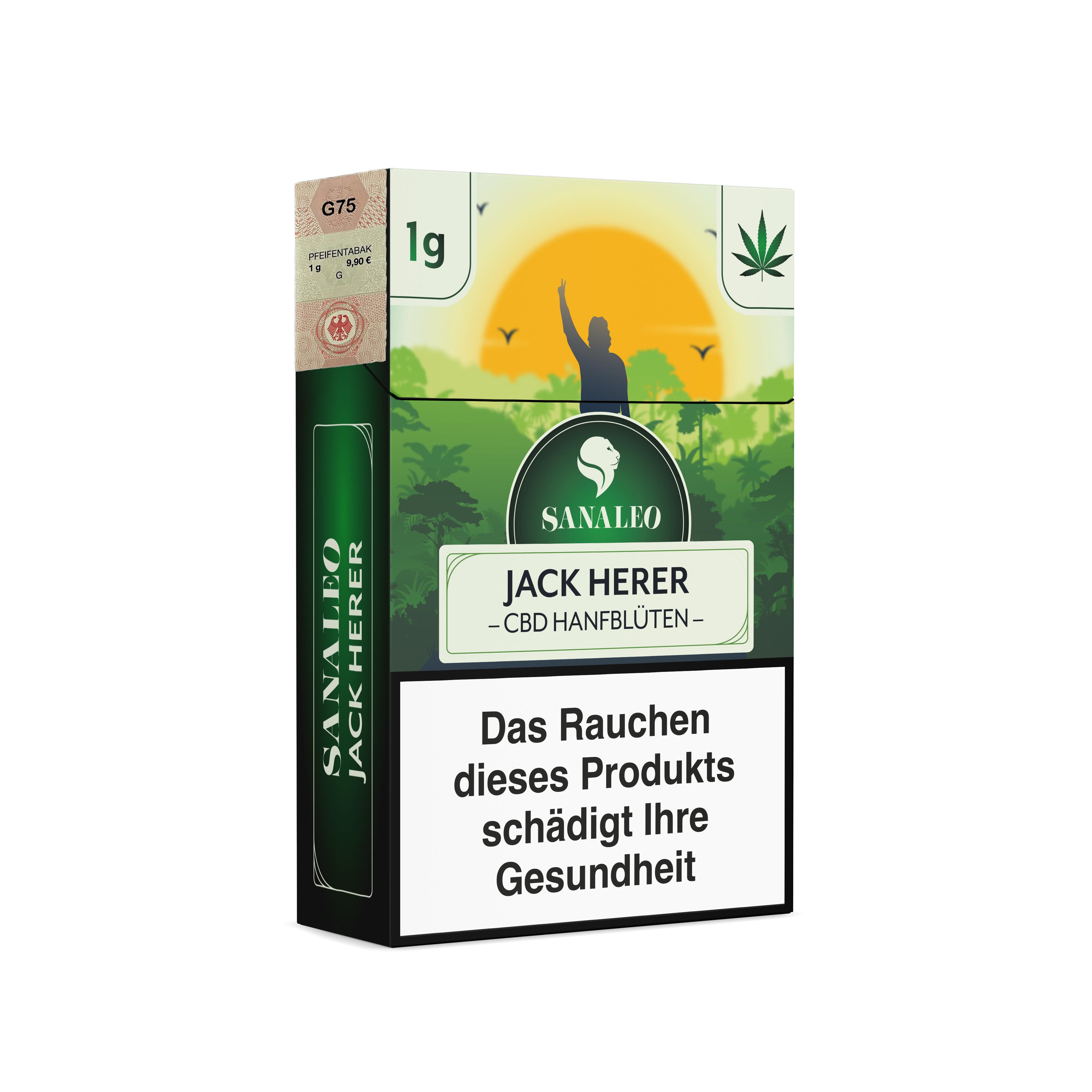 Sanaleo CBD-Blüten Jack Herer in der 1-Gramm-Packung mit grün-weißem Design, sonnigem Motiv und gesetzlichem Warnhinweis.