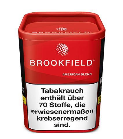 Rote und weiße 120-Gramm-Dose Brookfield American Blend Zigarettentabak von Brookfield. Das schwarze Seitenetikett der Dose zeigt das Brookfield Logo, die Produktbezeichnung "BROOKFIELD" und "AMERICAN BLEND" sowie einen deutschen Warnhinweis.