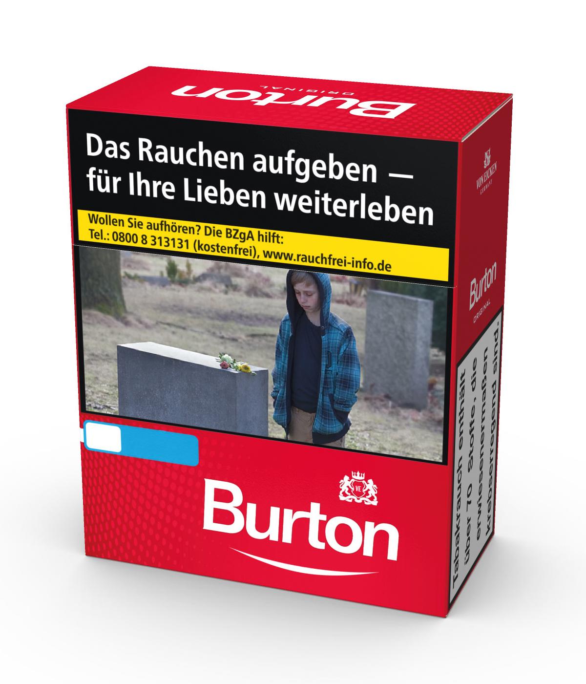 XXXL-Packung Burton Original Zigaretten in Rot und Schwarz mit gelb-schwarzem Design und dem Warnhinweis 'Das Rauchen aufgeben - für Ihre Lieben weiterleben' inklusive Abbildung eines Mannes vor einem Grab. Verpackungseinheit 4 Packungen à 40 Stück.