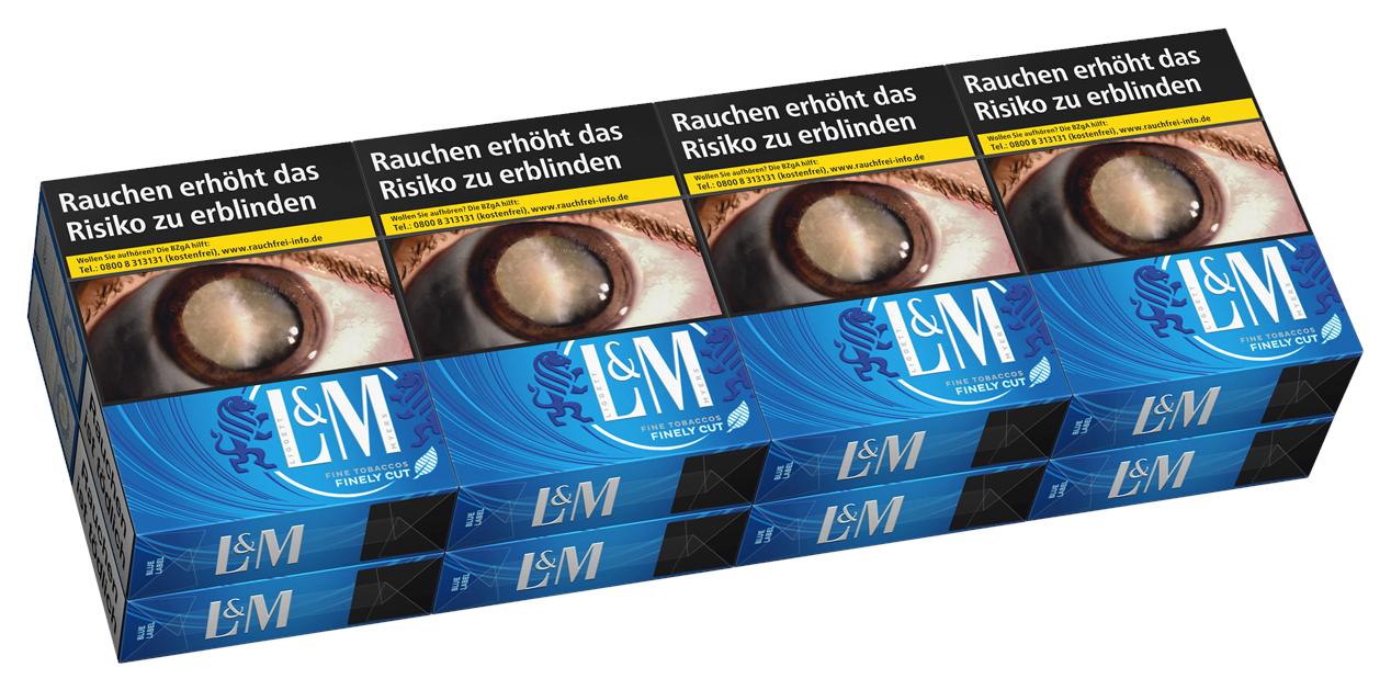 Stange L&M Blue XL Zigaretten (Fine Cut), bestehend aus 8 Packungen á 22 Stück. Die blau und weiß gestalteten Packungen zeigen ein Augen-Motiv und den deutschen Warnhinweis "Rauchen erhöht das Risiko zu erblinden".