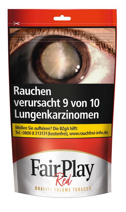Fair Play Red Volumentabak in einem 115 Gramm Beutel mit rot-weißem Design und aufgedruckten gesetzlichen Warnhinweisen zur Raucherentwöhnung.