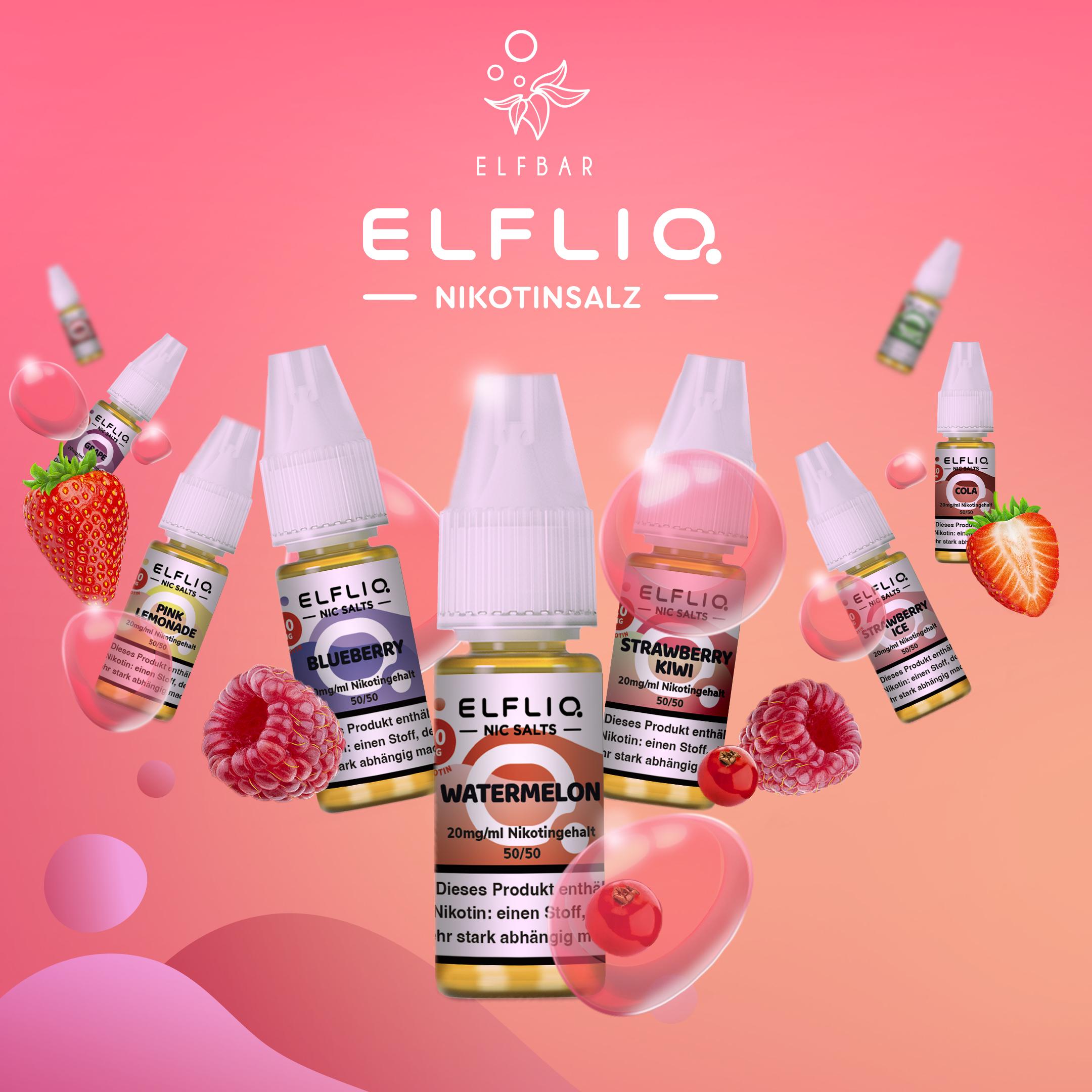 Ein orange-rotes Werbebanner der Elfbar ELFLIQ Liquids für E-Zigaretten-Pod-Systeme..