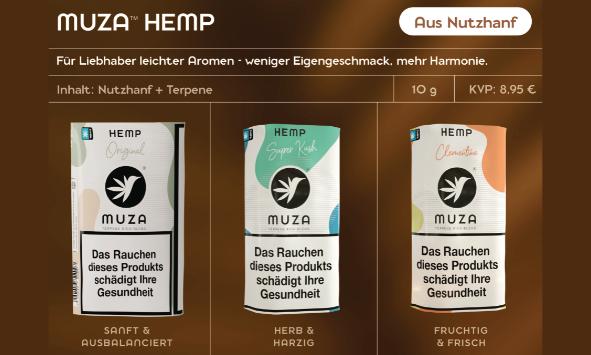Die drei MUZA Hemp Sorten werden vor braunem Hintergrund vorgestellt.