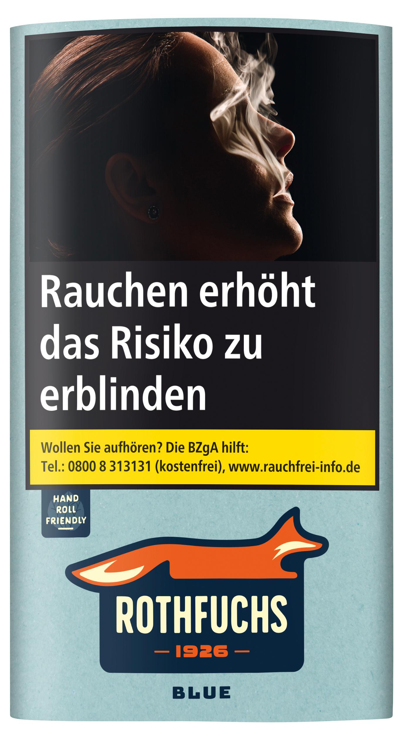 Blaue Rothfuchs Blue Zigarettenpackung mit Foto, Logo und Gesundheitswarnhinweis für das Gebinde (5 Pouches á 30g).