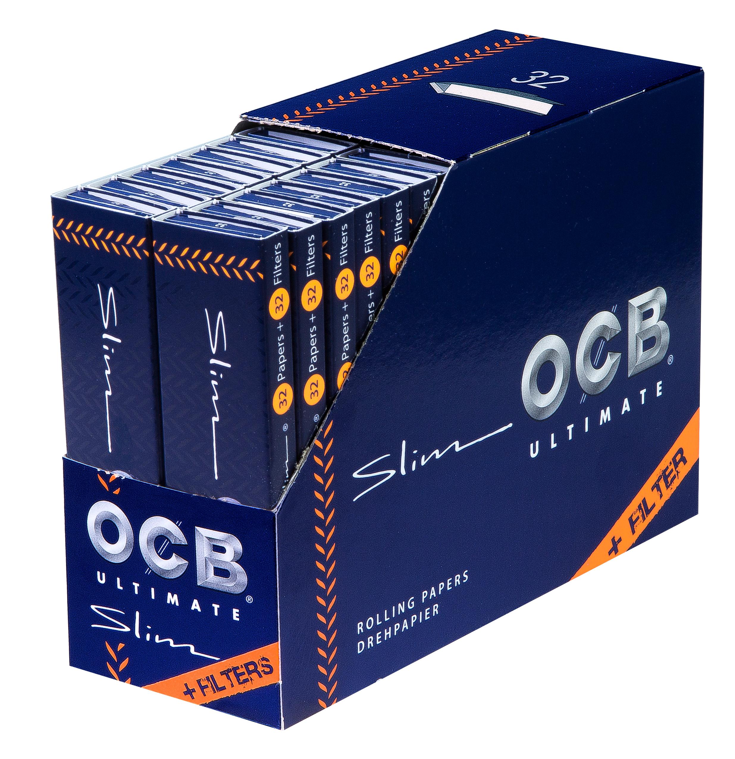 OCB Ultimate Slim Zigarettenpapier mit Tips in blauer Box, 1 Stange (32 Packungen á 32 Stück).
