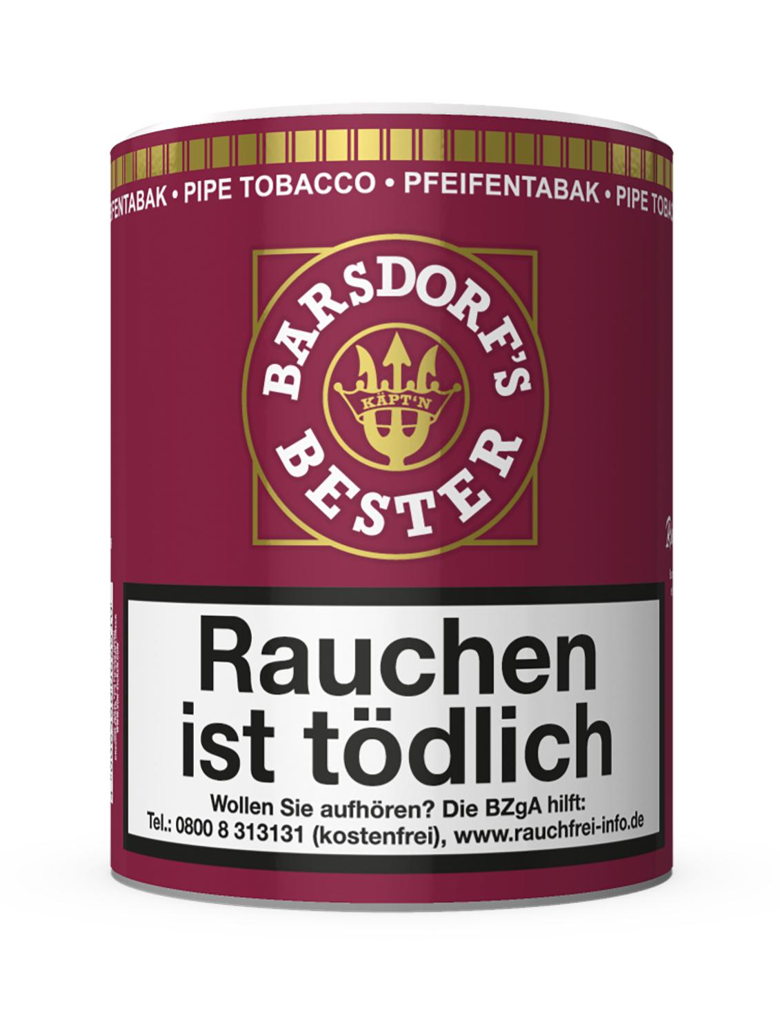 Dunkelrote Dose Barsdorf´s Bester Pfeifentabak Red Blend mit goldener Aufschrift, Emblem sowie Warnhinweis in der 160 Gramm Packung.