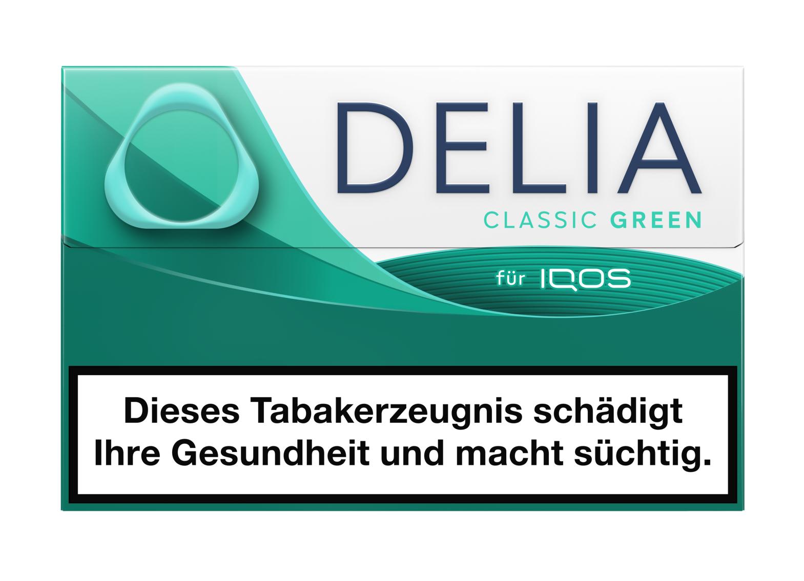 DELIA Classic Green Tabaksticks für IQOS Iluma Geräte, 20 Stück in weißer Verpackung mit blauem Schriftzug und Warnhinweis zur Gesundheit.