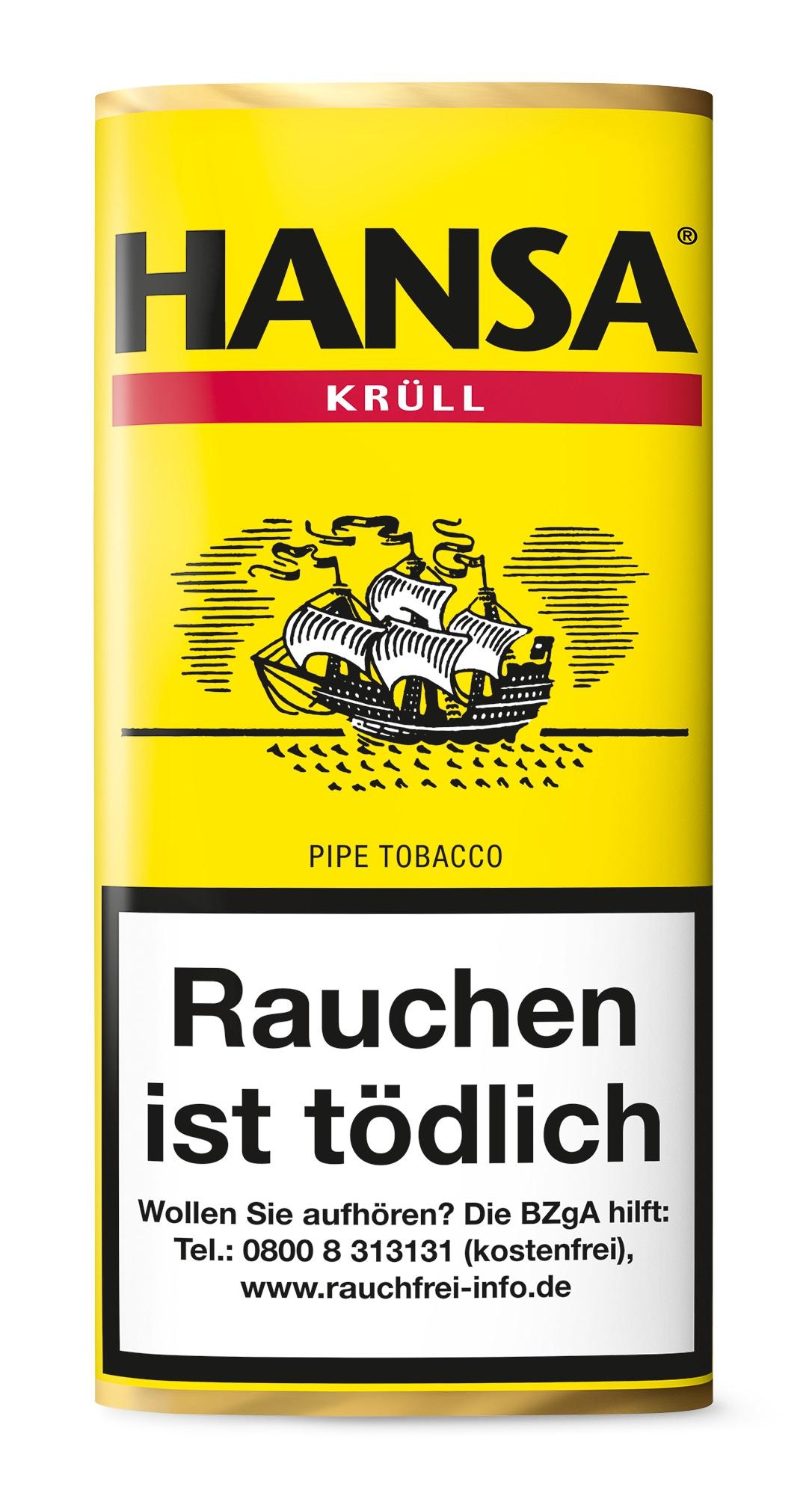 Gelbe Dose Hansa Krüll Pfeifentabak 50 Gramm mit roten Streifen und Segelschiff-Motiv auf der Vorderseite.