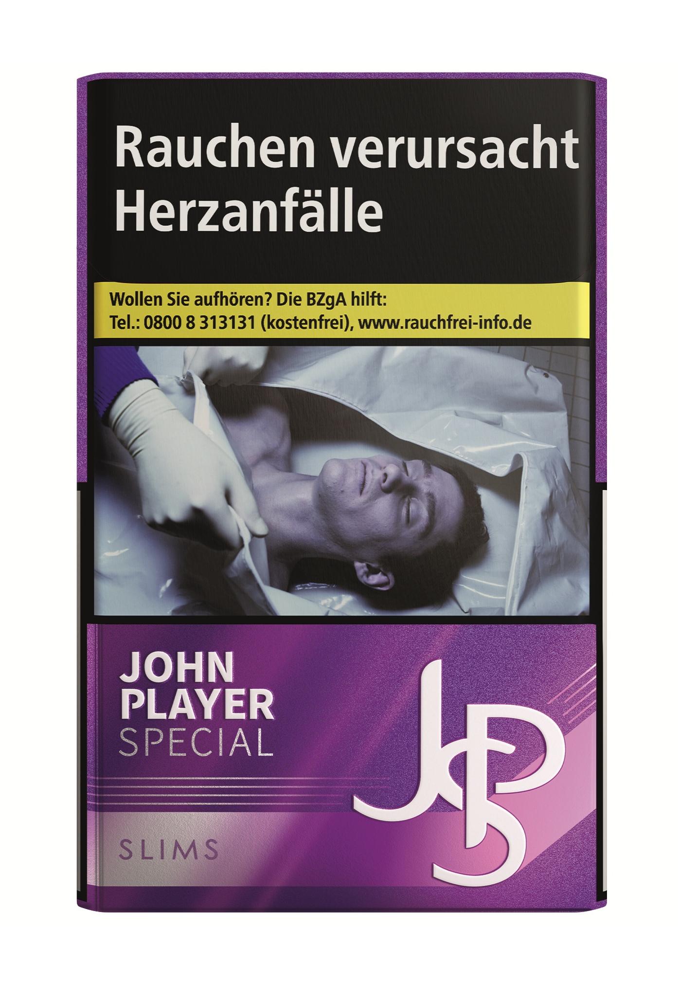 JPS Slims Purple Zigaretten in der Stange mit 10 Packungen zu je 20 Stück, inklusive gesetzlich vorgeschriebener Warnhinweise auf der Verpackung.