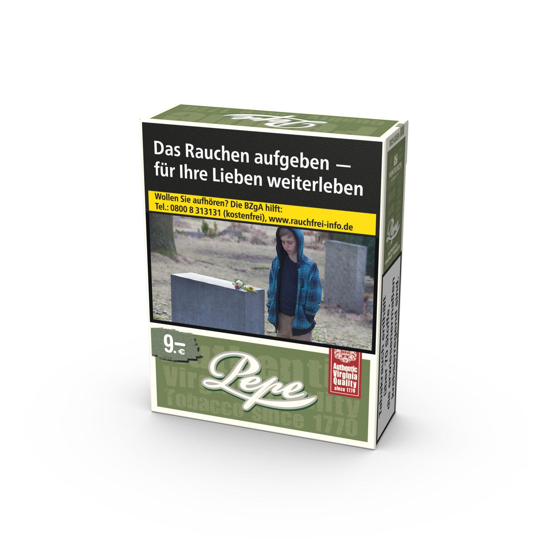 Pepe Zigaretten Rich Green Einzelpackung von Pepe mit 25 Stück. Grüne und weiße Zigarettenschachtel mit schwarzem Warnhinweis "Das Rauchen aufgeben – für Ihre Lieben weiterleben" und gelbem Aufkleber, Pepe Logo und dem Schriftzug "Pepe Tobacco since 1770"