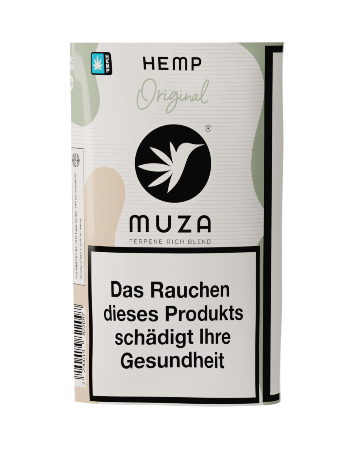 MUZA Hemp Original Tabakersatz in der 10 Gramm Packung mit weißem Design, schwarzem Logo und aufgedrucktem Warnhinweis zur Gesundheit.