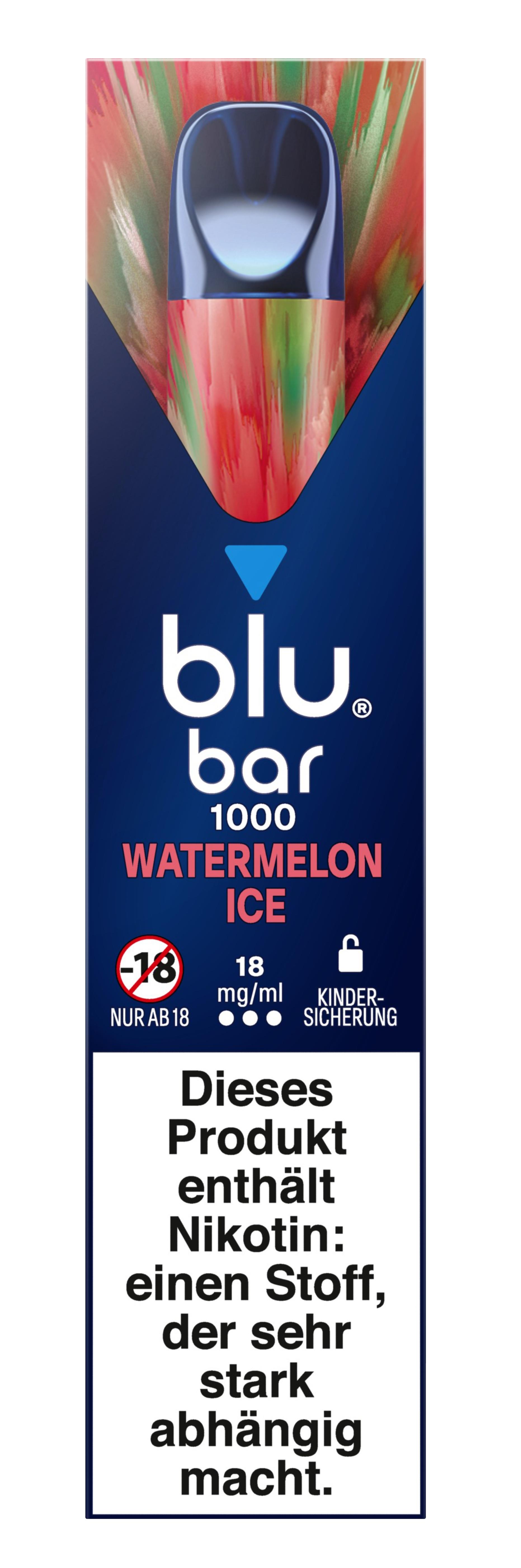 Blaue Produktverpackung der blu bar 1000 mit 18mg Nikotingehalt, inklusive Alterskennzeichnung ab 18 Jahren, in der Verpackungseinheit 1 Stück.