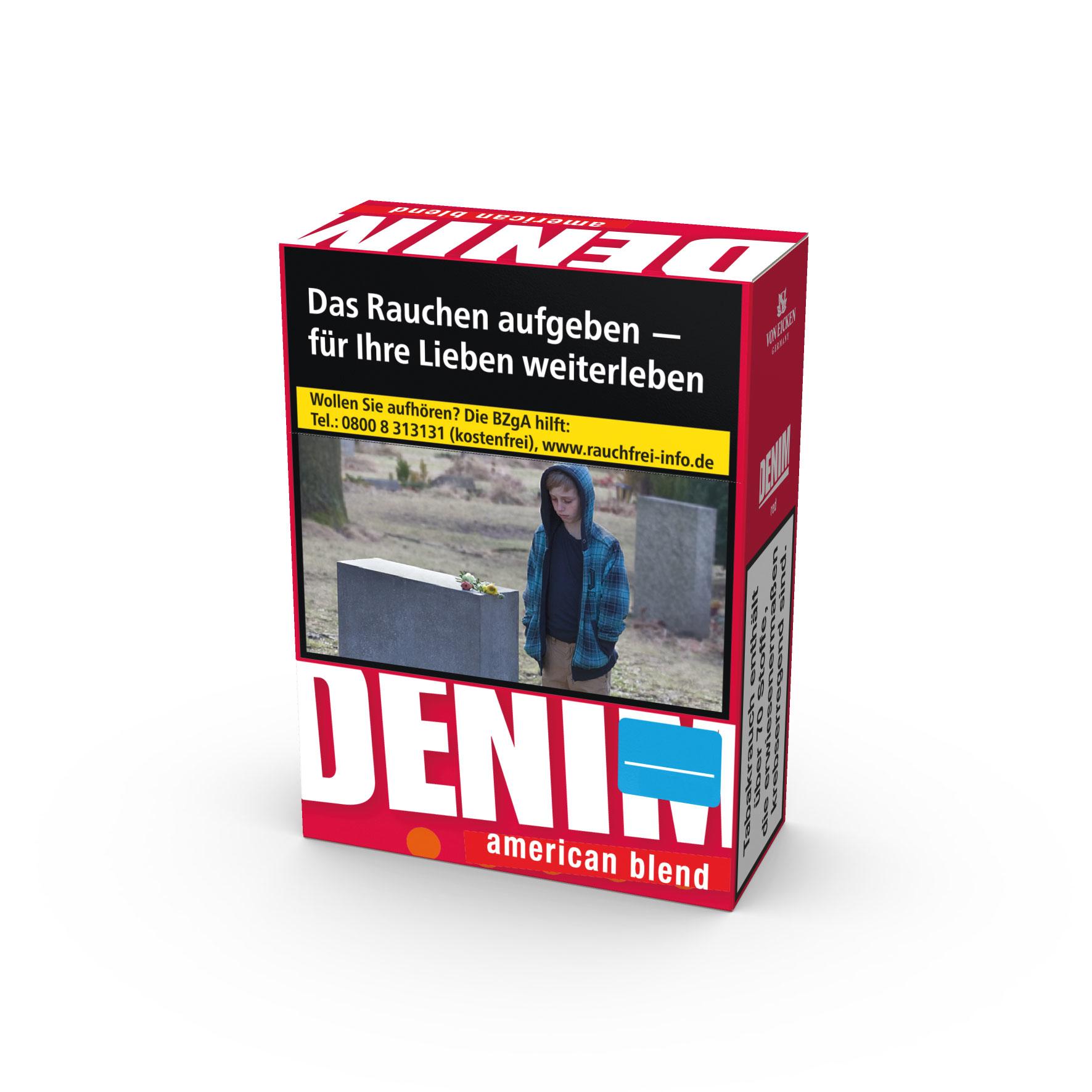 Rote und weiße Zigarettenpackung Denim Red XXL der Marke Denim, American Blend, eine Stange mit 8 Packungen à 30 Stück, zeigt ein Bild eines Mannes vor einem Grab.