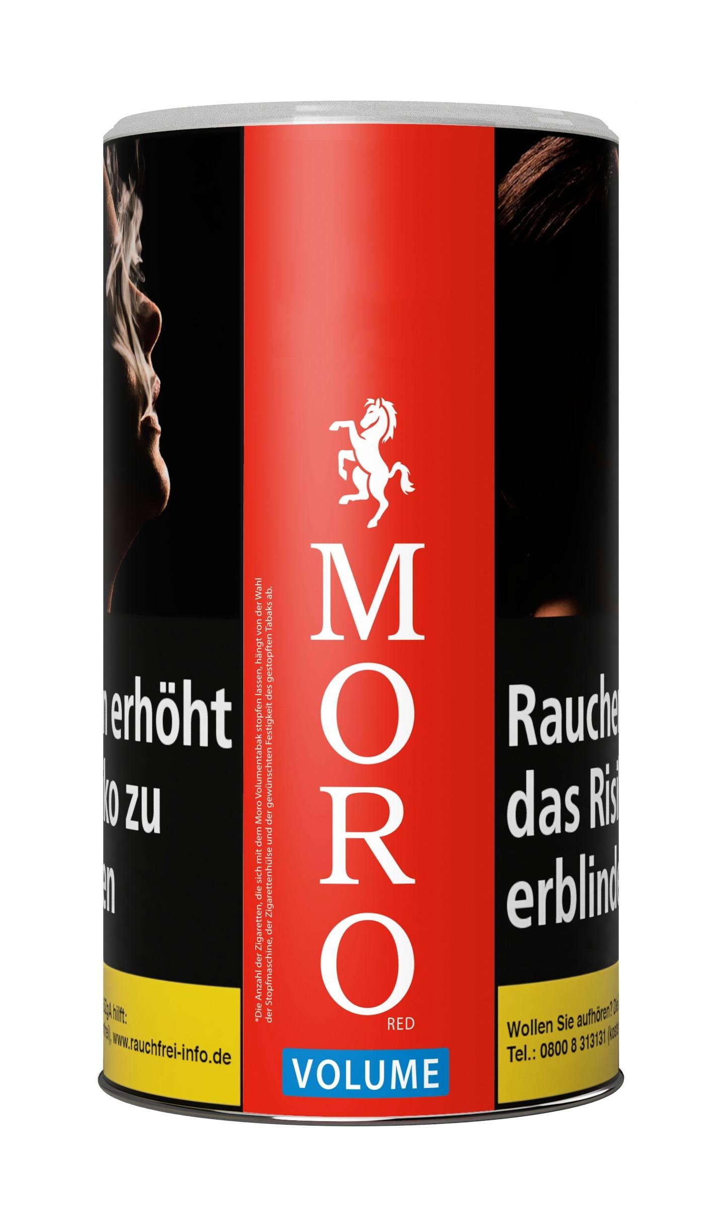Rote und schwarze 80 Gramm Dose Moro Volumentabak mit weißem Pferdelogo, Warnhinweisen und Informationen zur Tabakmischung.