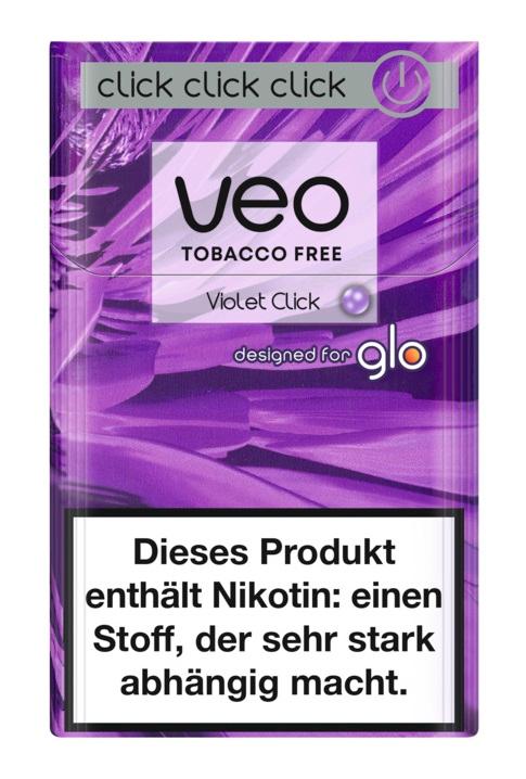 Veo Violet Click Packung mit 20 Stück, eine tabakfreie Alternative auf Rooibos-Basis, speziell entwickelt für die Verwendung mit glo Endgeräten.