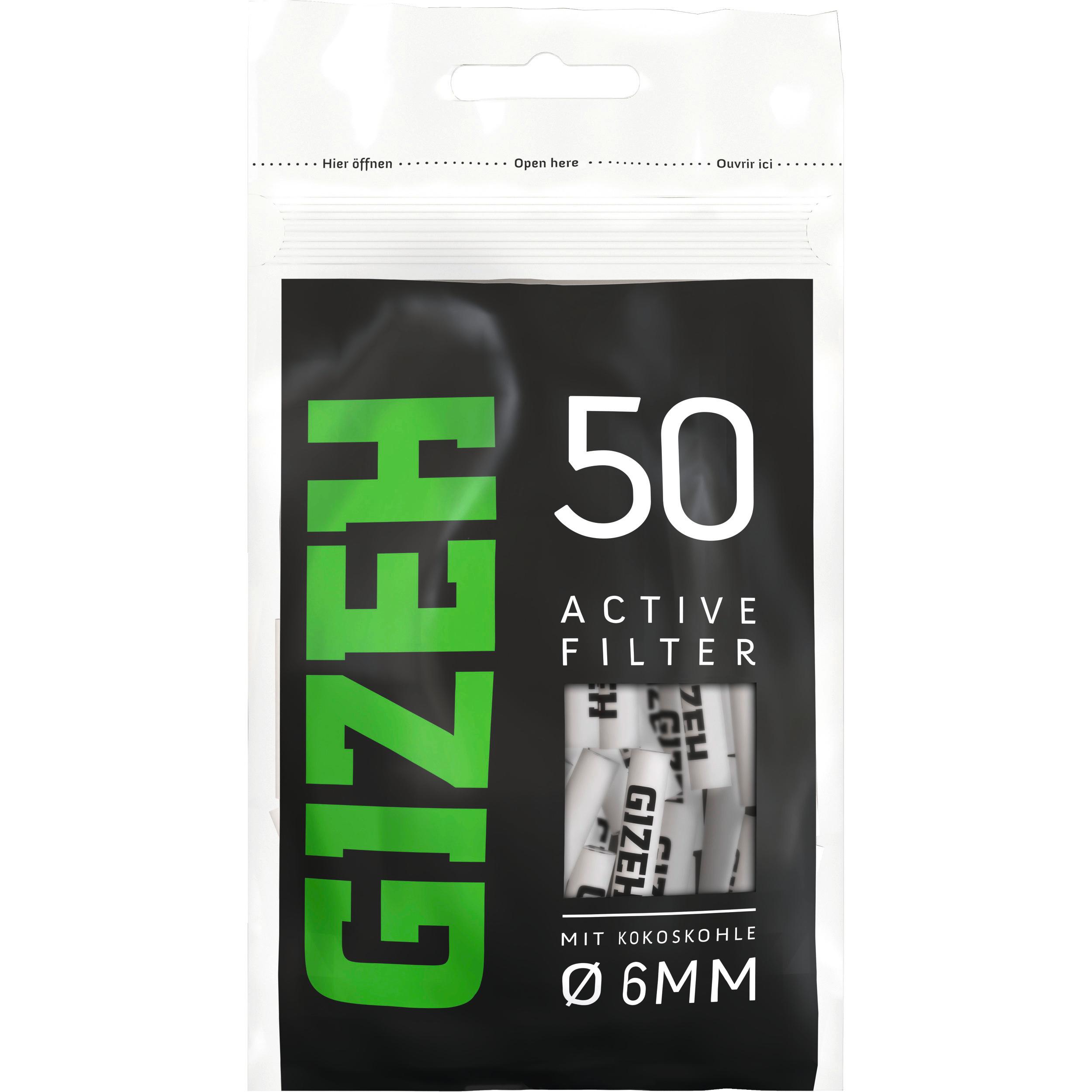 Schwarz-weiße Packung GIZEH BLACK Active Filter 6 mm mit 50 Stück, mit Aktivkohle aus Kokosnussschalen und Keramikkappen.