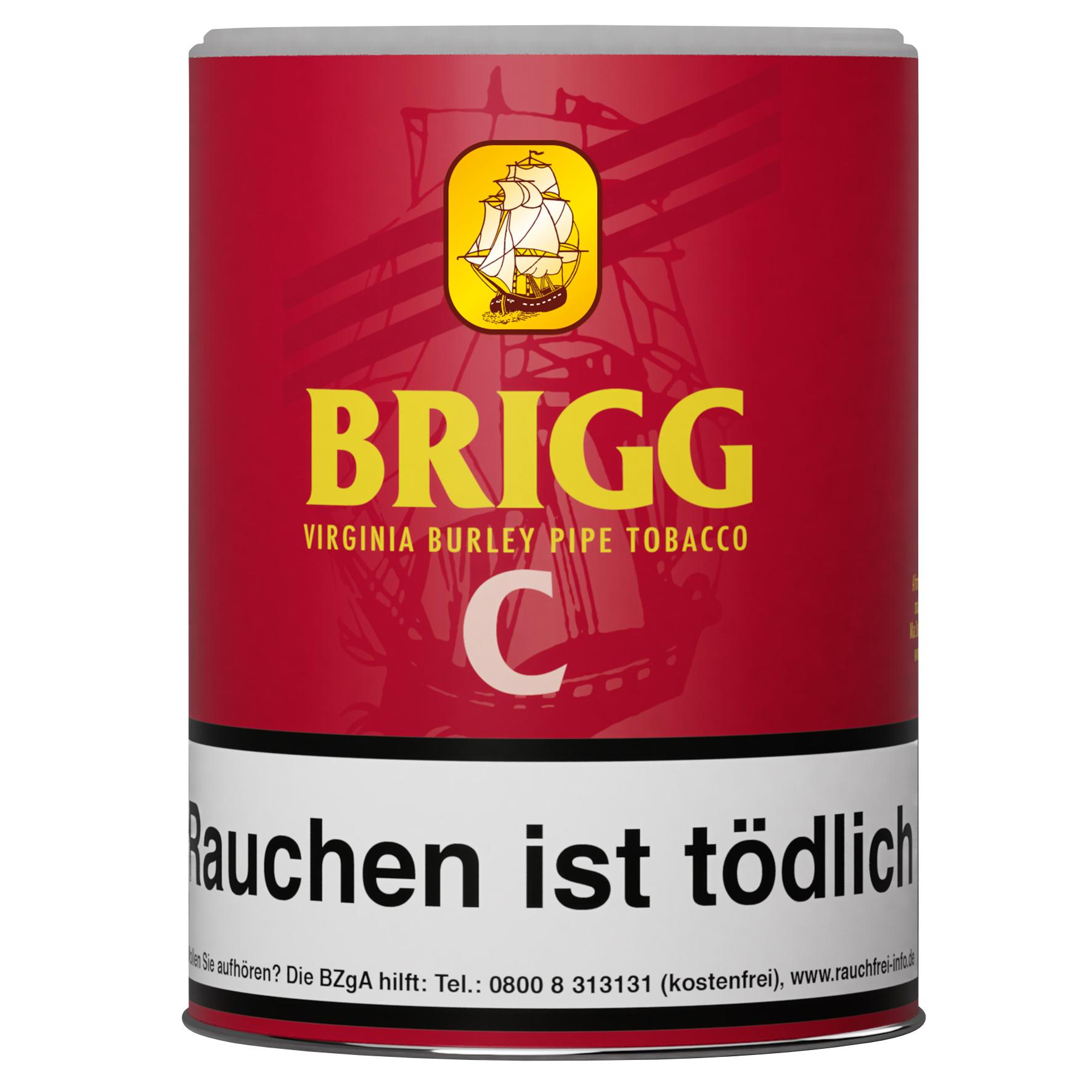 Rote 155-Gramm-Dose Brigg Pfeifentabak C mit gelbem Markenschriftzug, großem weißen C-Logo und den gesetzlichen Warnhinweisen auf dem Etikett.