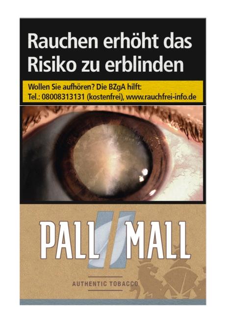 Eine Packung Pall Mall Zigaretten Authentic Silver (20 Stück) mit gesetzlichem Warnhinweis und Markenlogo.