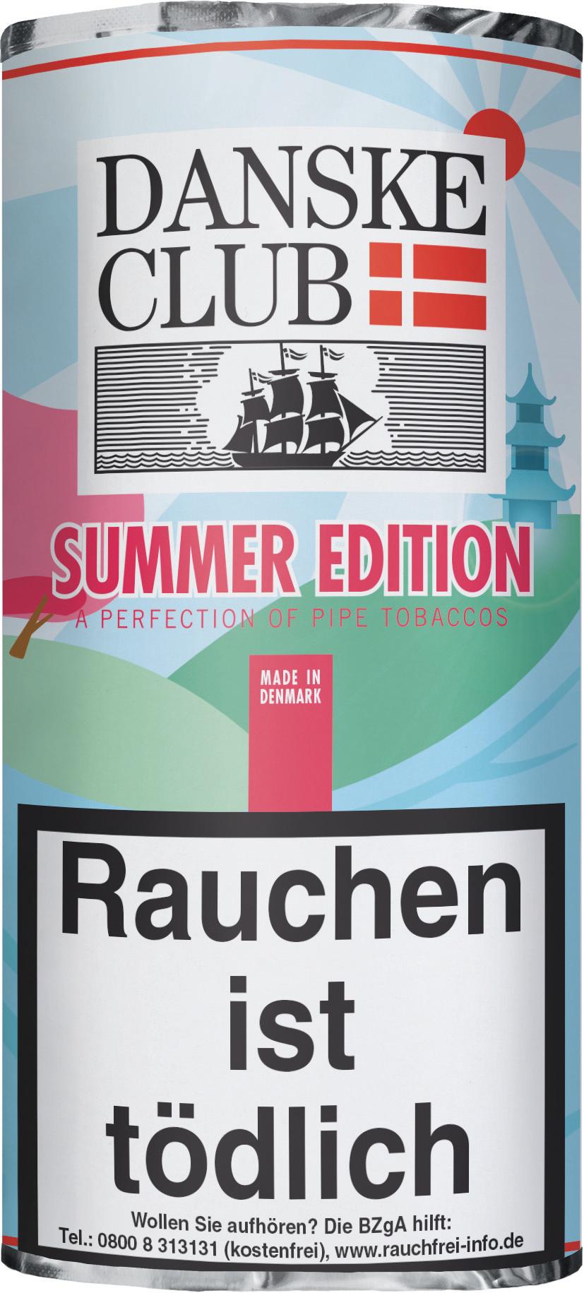 Danske Club Pfeifentabak Summer Edition 2023 in der Dose mit maritimen Motiv, 5 Packungen zu je 50 Gramm inklusive Warnhinweis.
