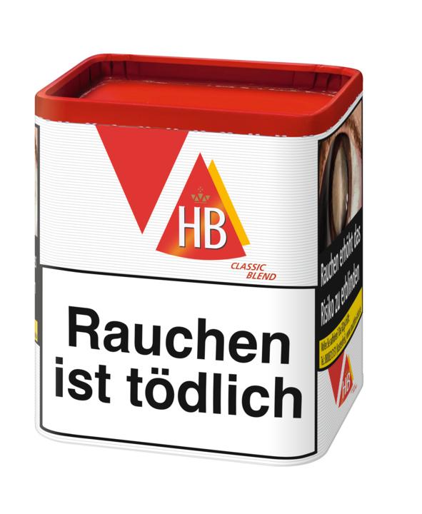 HB Zigarettentabak Classic Blend, 59 Gramm Dose, aus Virginia- und Burley-Tabaken, mit rotem HB Logo, Krone und dem Warnhinweis 'Rauchen ist tödlich'.