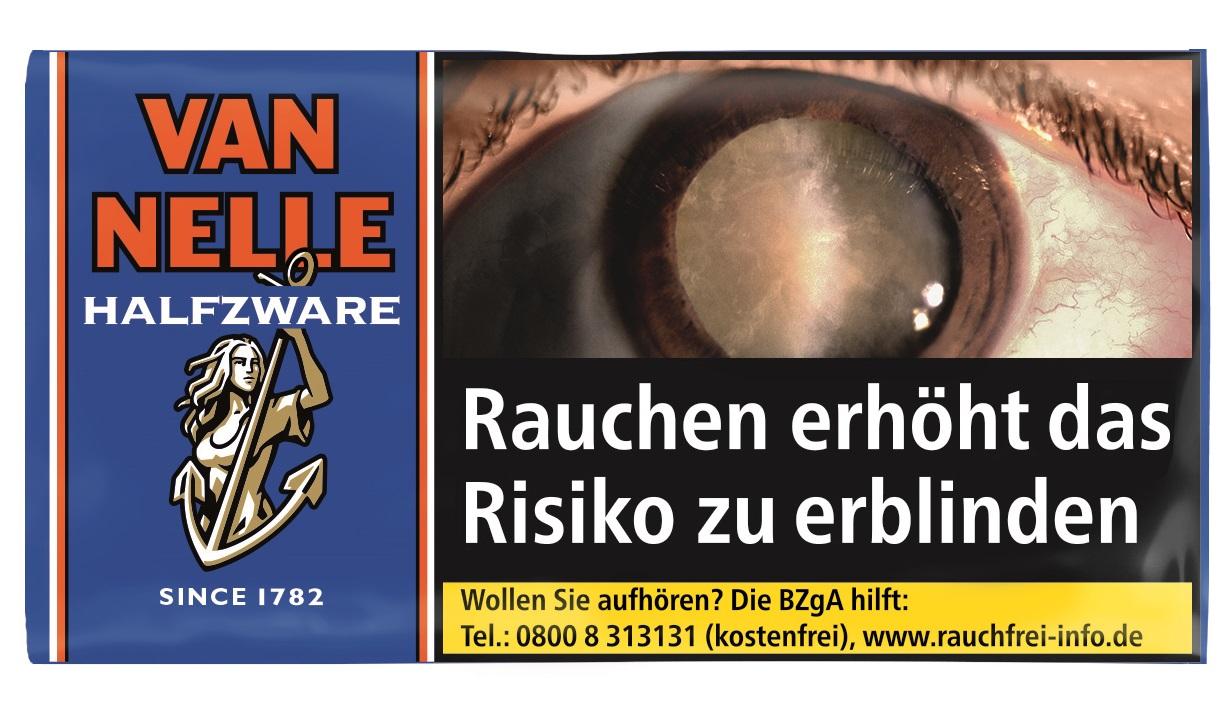 Van Nelle Halfzware Tabak im blauen 30g Pouch, mit rotem Logo, gold Anker und Gesundheitswarnung Auge.