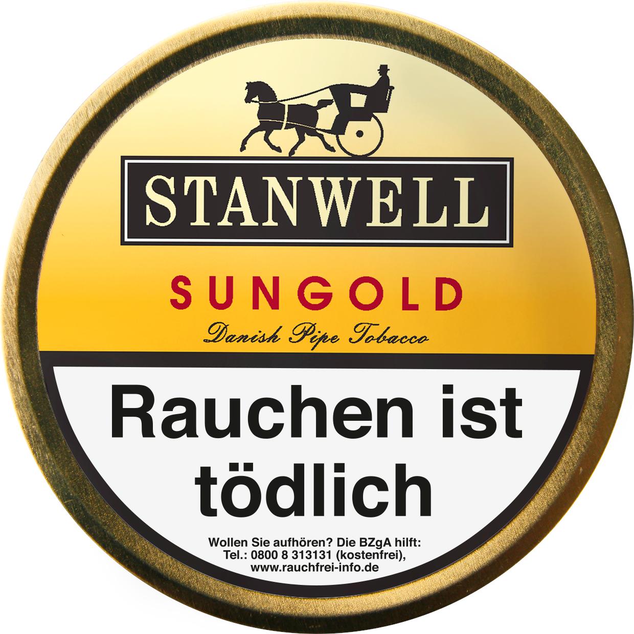 Stanwell Pfeifentabak Sungold in der runden 50-Gramm-Dose mit Abbildung einer Pferdekutsche auf dem Etikett und gesetzlichem Warnhinweis.