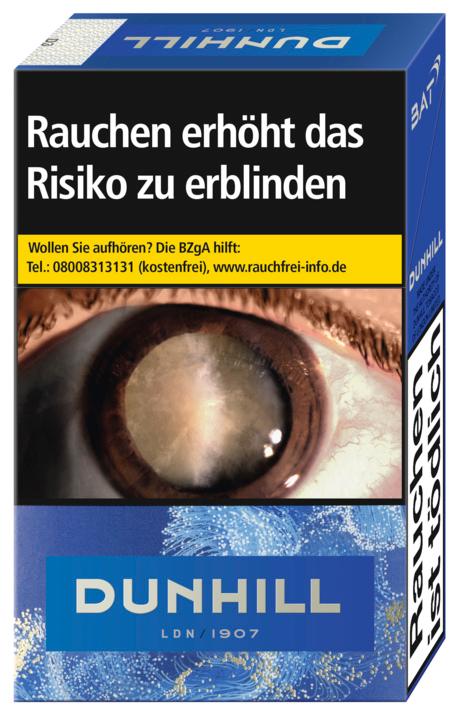 Dunhill Blue King Size Filterzigaretten 1 Packung, blau mit 20 Stück und gesetzlichem Warnhinweis.