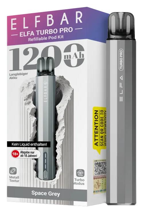 Elfa Turbo Pro Set in Space Grey von Elfbar: Ein wiederaufladbares Basisgerät im Aluminium-Gehäuse mit 1200 mAh Akku und USB-C-Anschluss, 1 Stück.