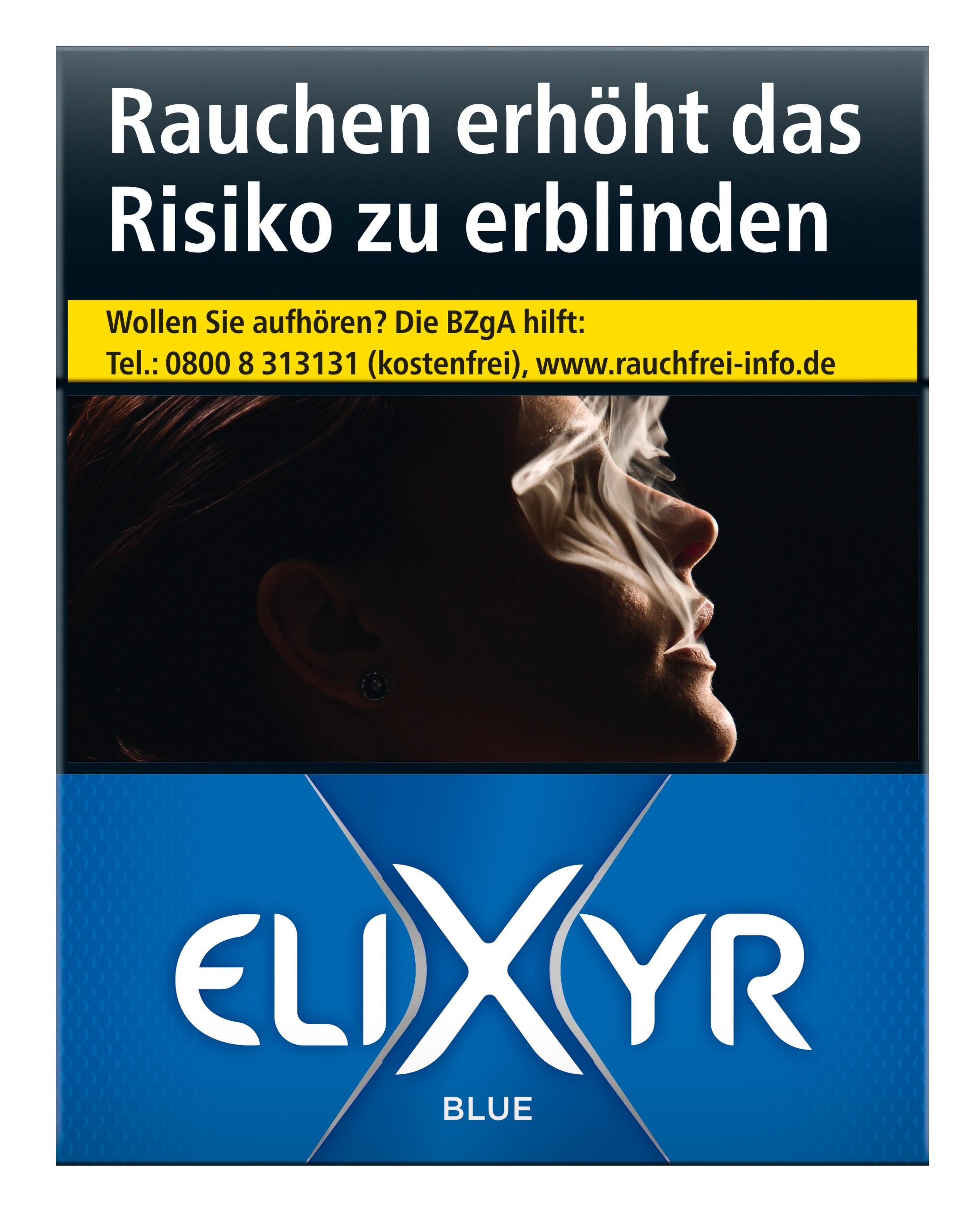 Elixyr Blue XL Filterzigaretten im King Size Format, American Blend Tabakmischung, verpackt als Stange mit 8 Packungen zu je 25 Stück.