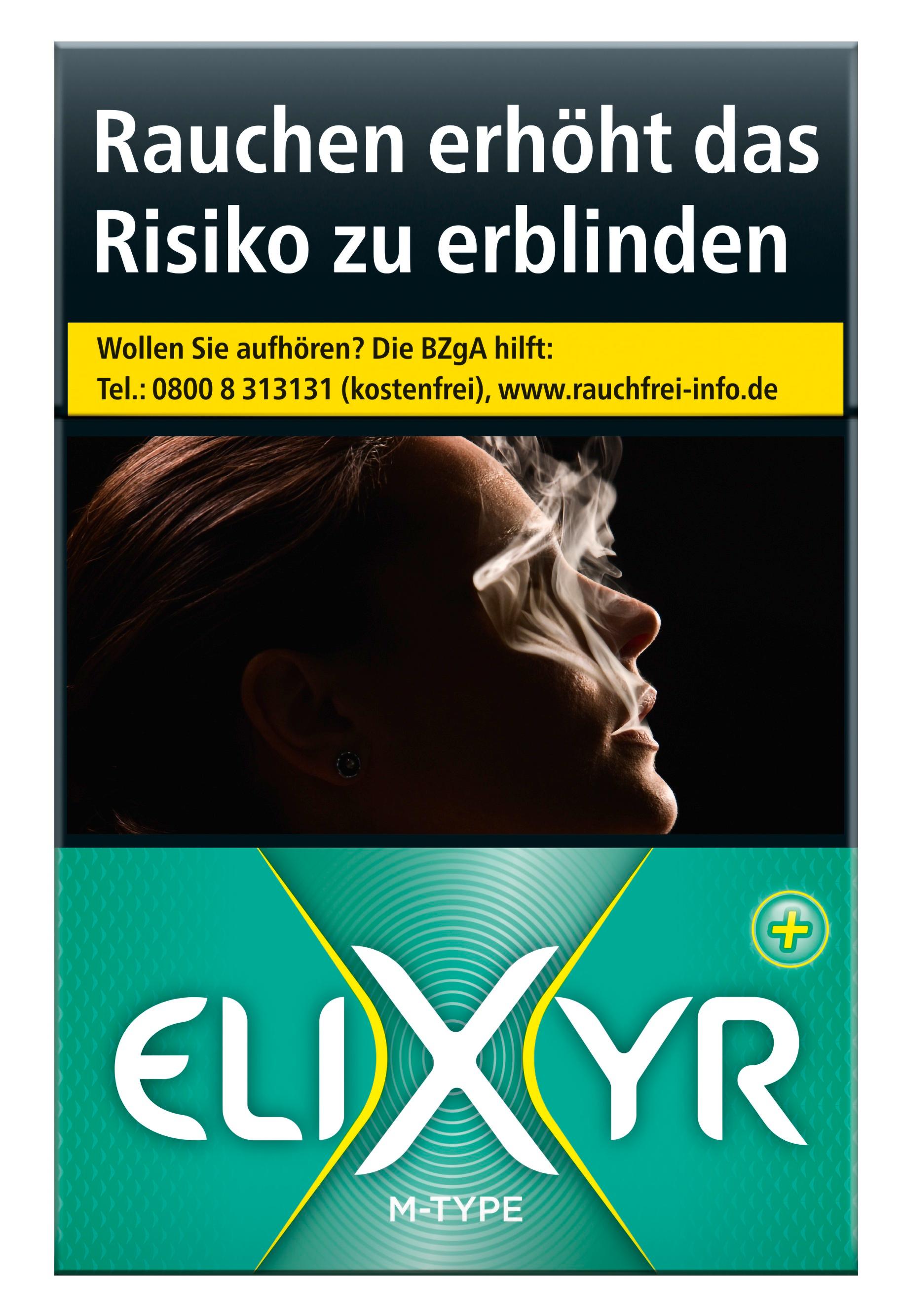 Grün-schwarze Packung Elixyr+ M-Type L Zigaretten (20 Stück) von Elixyr, mit Hinweis auf www.rauchfrei-info.de und Hotline-Nummer.