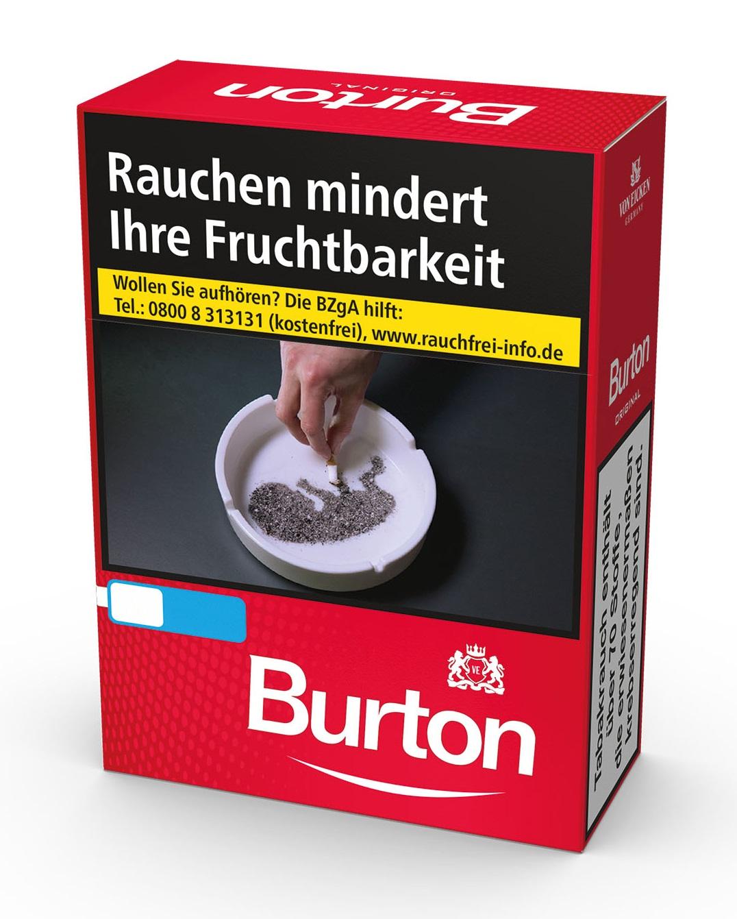 Eine Stange Burton Zigaretten Original XXL in roter und weißer Verpackung.
