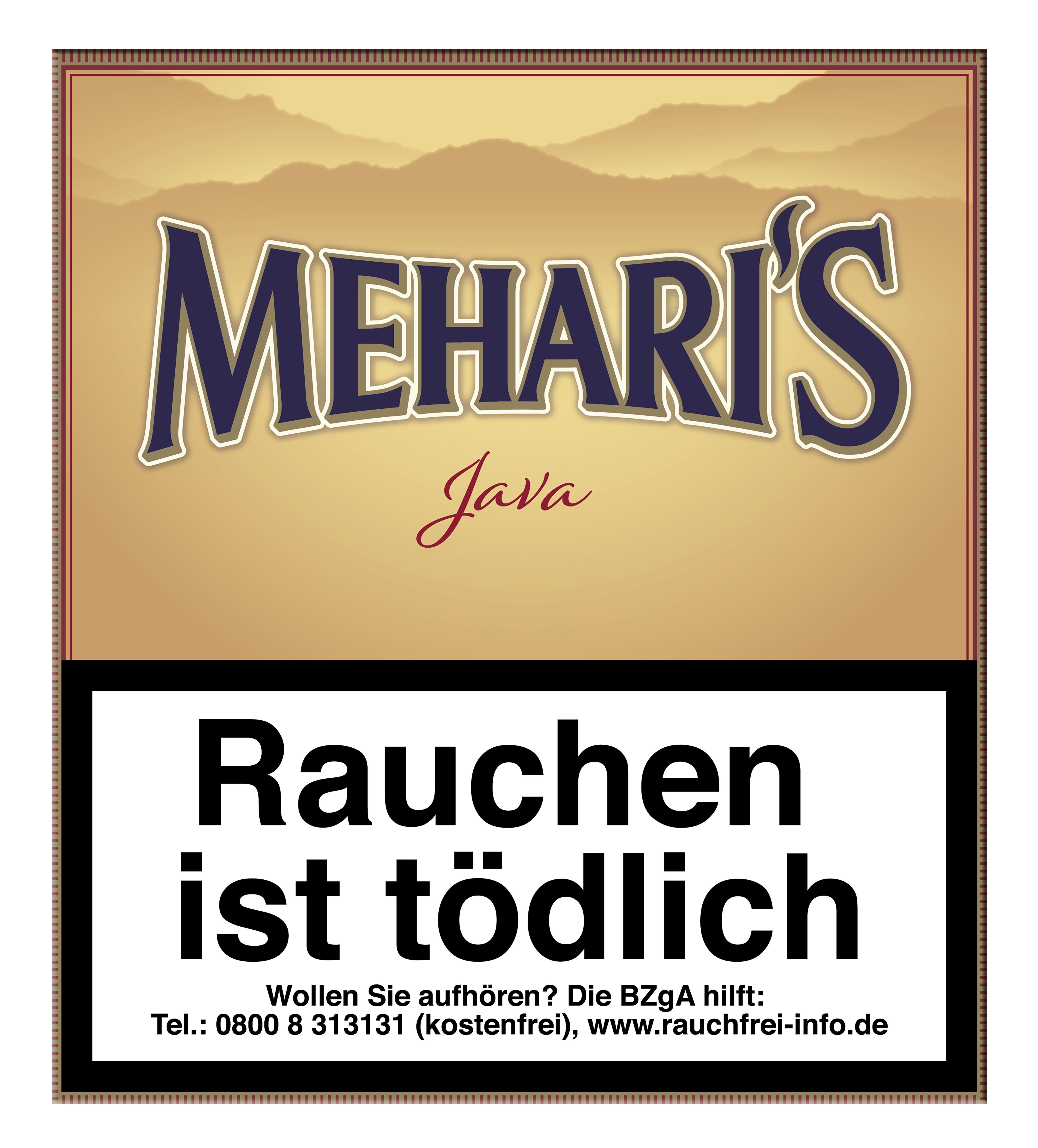 Meharis Java Zigarillos im 20er-Pack mit heller Verpackungsgestaltung, blauem Markenschriftzug und gesetzlichen Sicherheitshinweisen.
