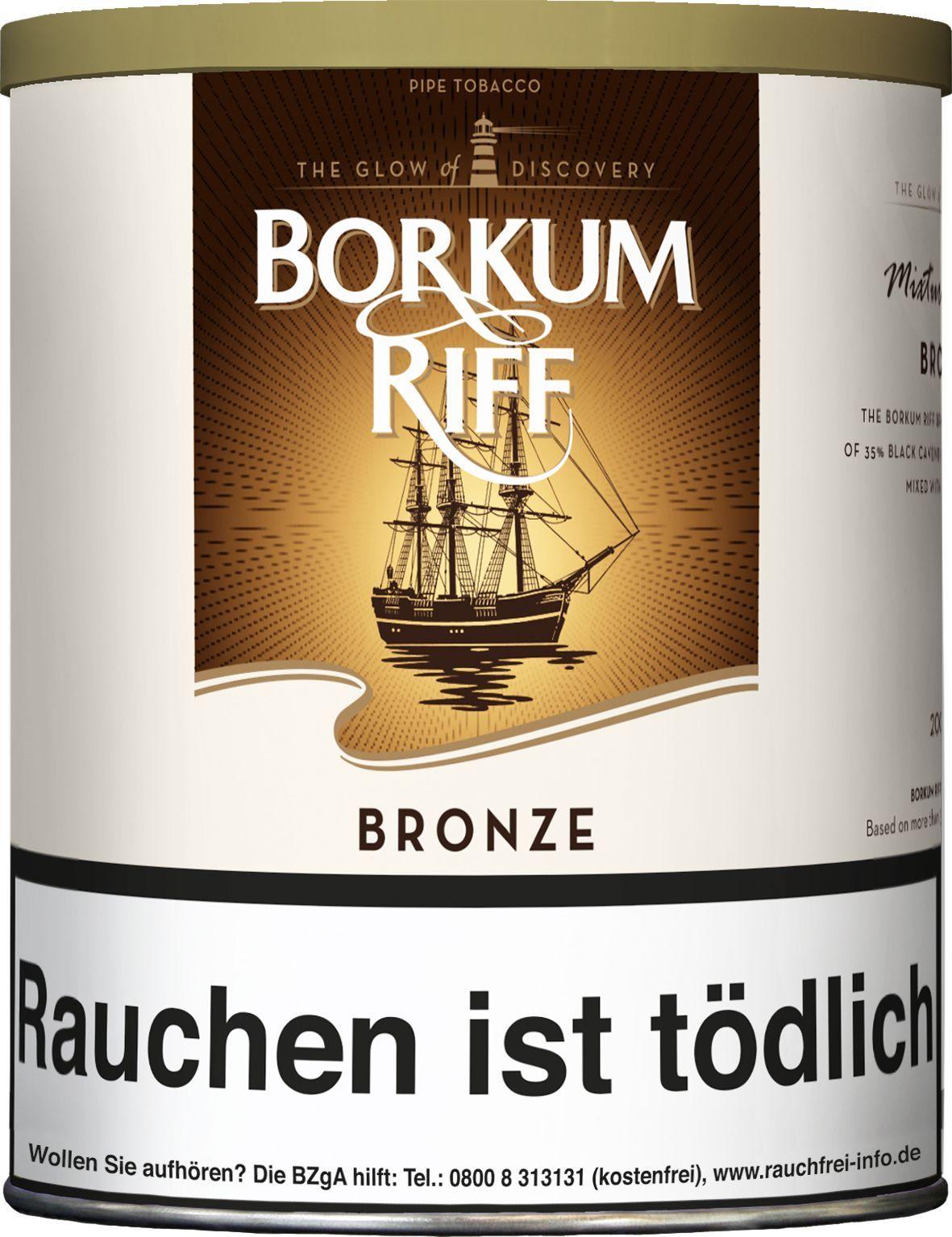 Weiße 200-Gramm-Dose Borkum Riff Pfeifentabak Bronze, eine Mischung aus Black Cavendish und Virginiatabaken mit Bourbon Whisky Aroma, verziert mit einer Illustration eines Segelschiffs auf dem Etikett.