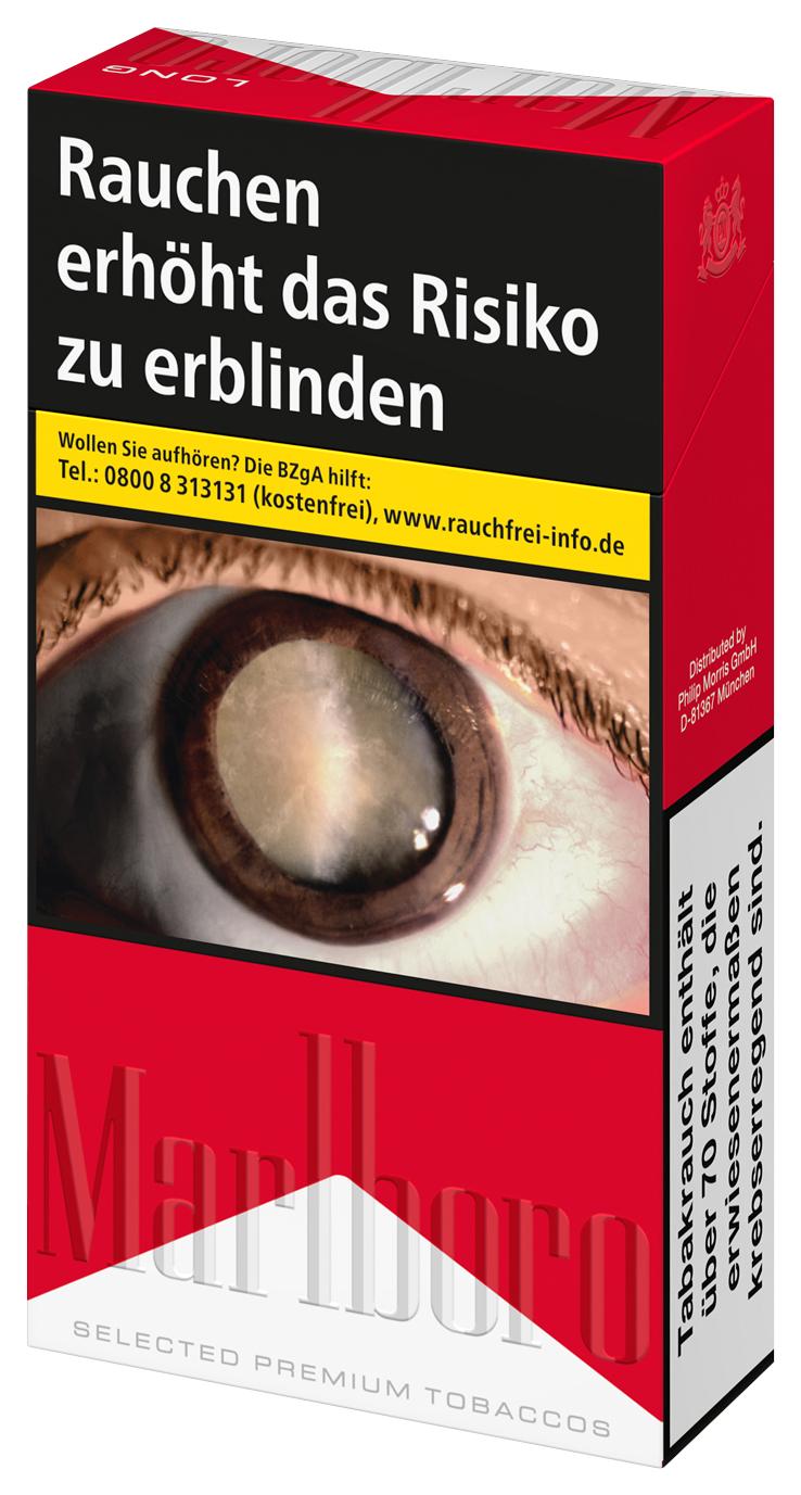 Rote und weiße Packung Marlboro Red Long Zigaretten von Marlboro mit Marlboro Logo und deutschem Warnhinweis 'Rauchen erhöht das Risiko zu erblinden' sowie der Aufschrift 'Selected Premium Tobacco', Inhalt 20 Stück.