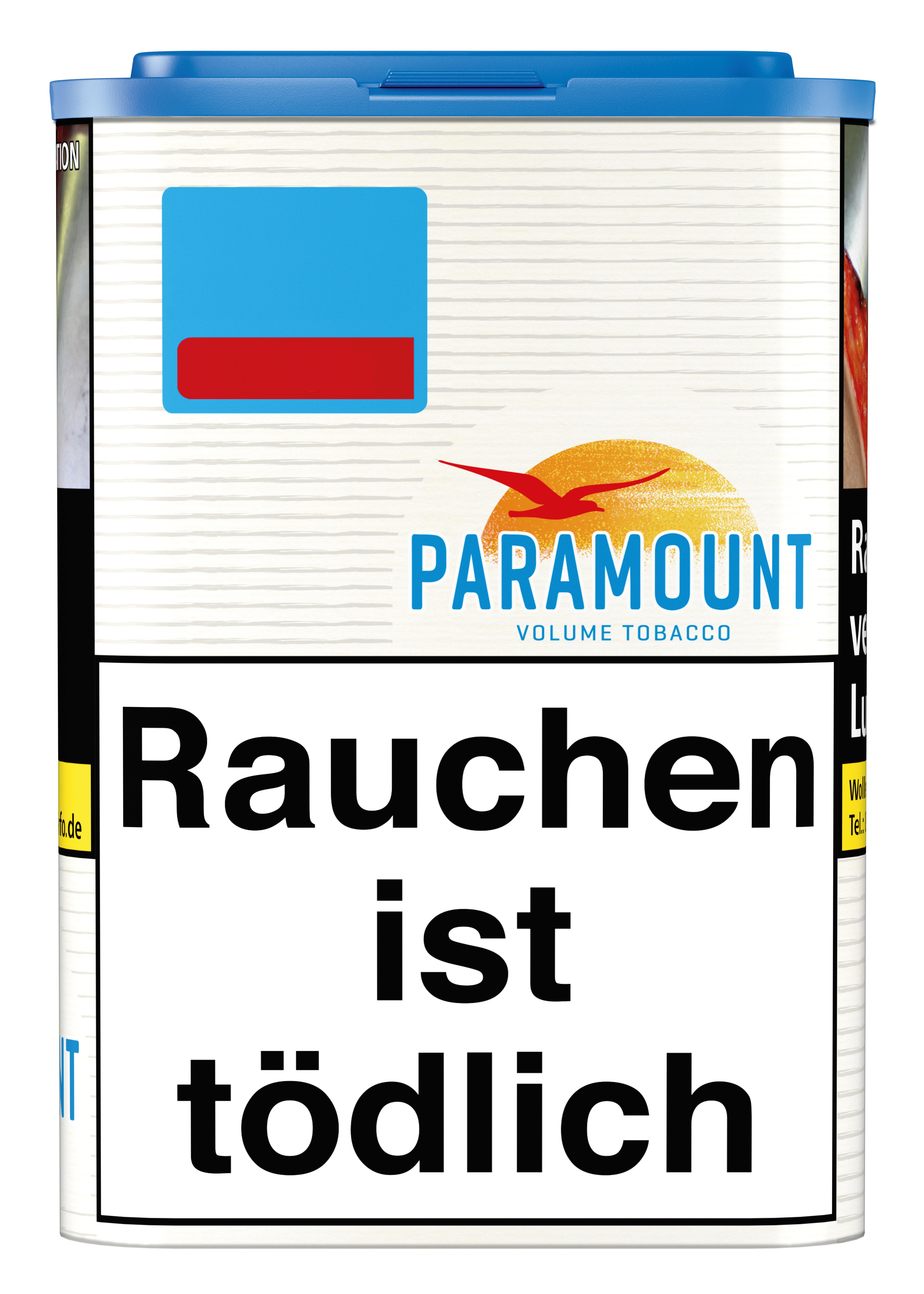 Paramount Blue Volumentabak in der 85-Gramm-Dose von Paramount: Weiße Dose mit blauem Deckel, Paramount-Logo (stylisierter Vogel vor gelber Sonne) und Warnhinweis 'Rauchen ist tödlich'.