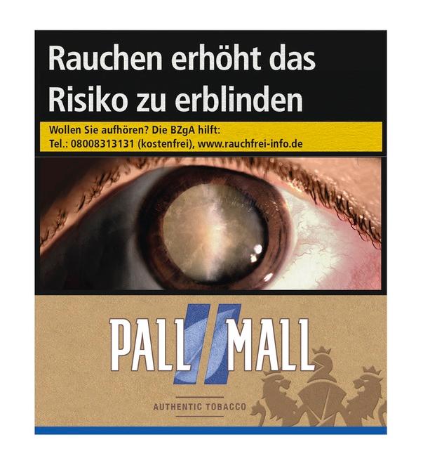 Beigefarbene und schwarze Packung Pall Mall Authentic Blue Xtra Zigaretten mit Pall Mall Logo und Gesundheitswarnung, Inhalt 36 Stück.