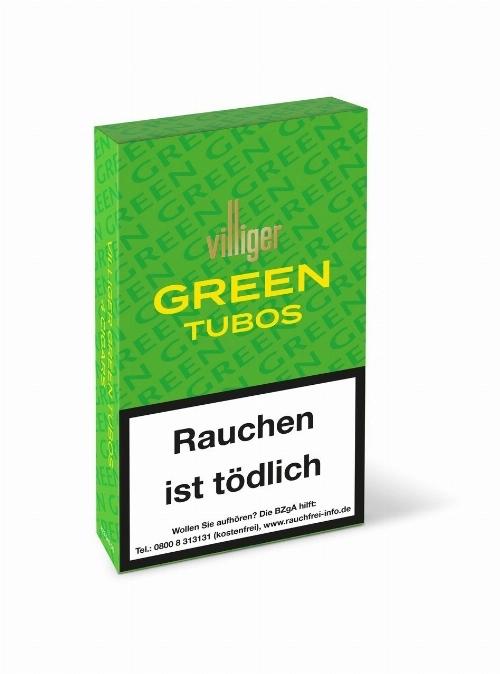 Grüne Villiger Green Tubos Zigarren im Panetela-Format, verpackt als 4er-Packung in einer stabilen Kartonverpackung mit gesetzlichen Warnhinweisen.