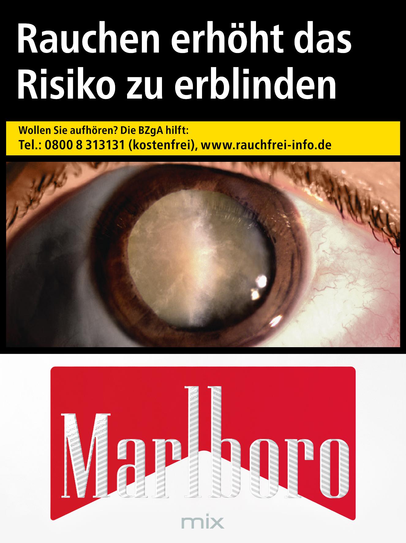 Marlboro Mix 2XL Zigaretten, 24 Stück in einer Packung. Produktabbildung: Nahaufnahme eines Auges mit brauner Iris, dem Marlboro Logo und dem Warnhinweis "Rauchen erhöht das Risiko zu erblinden".