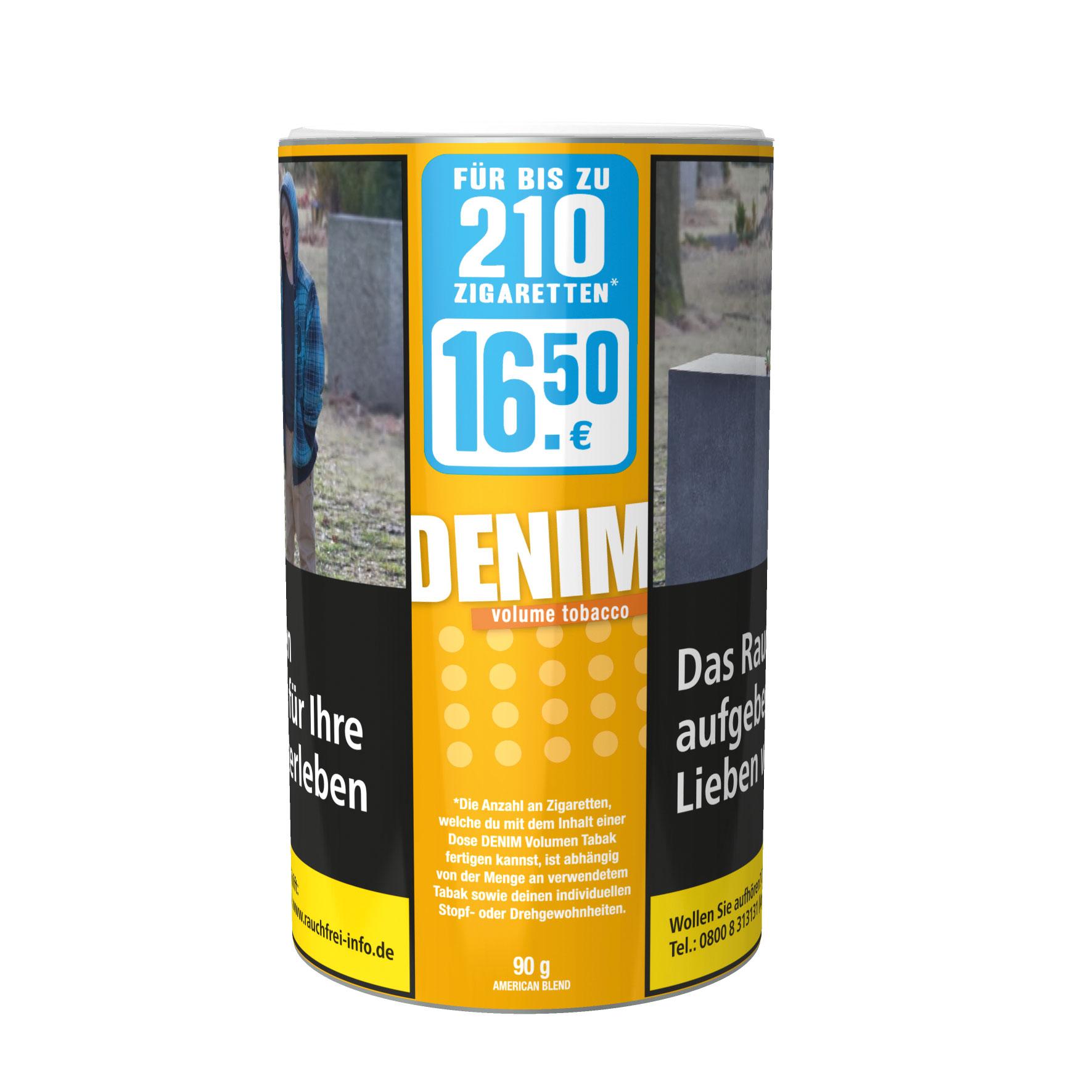 Zylindrische 90-Gramm-Dose Denim Volumentabak XL der Marke Denim mit würzig-kräftiger American Blend Tabakmischung.